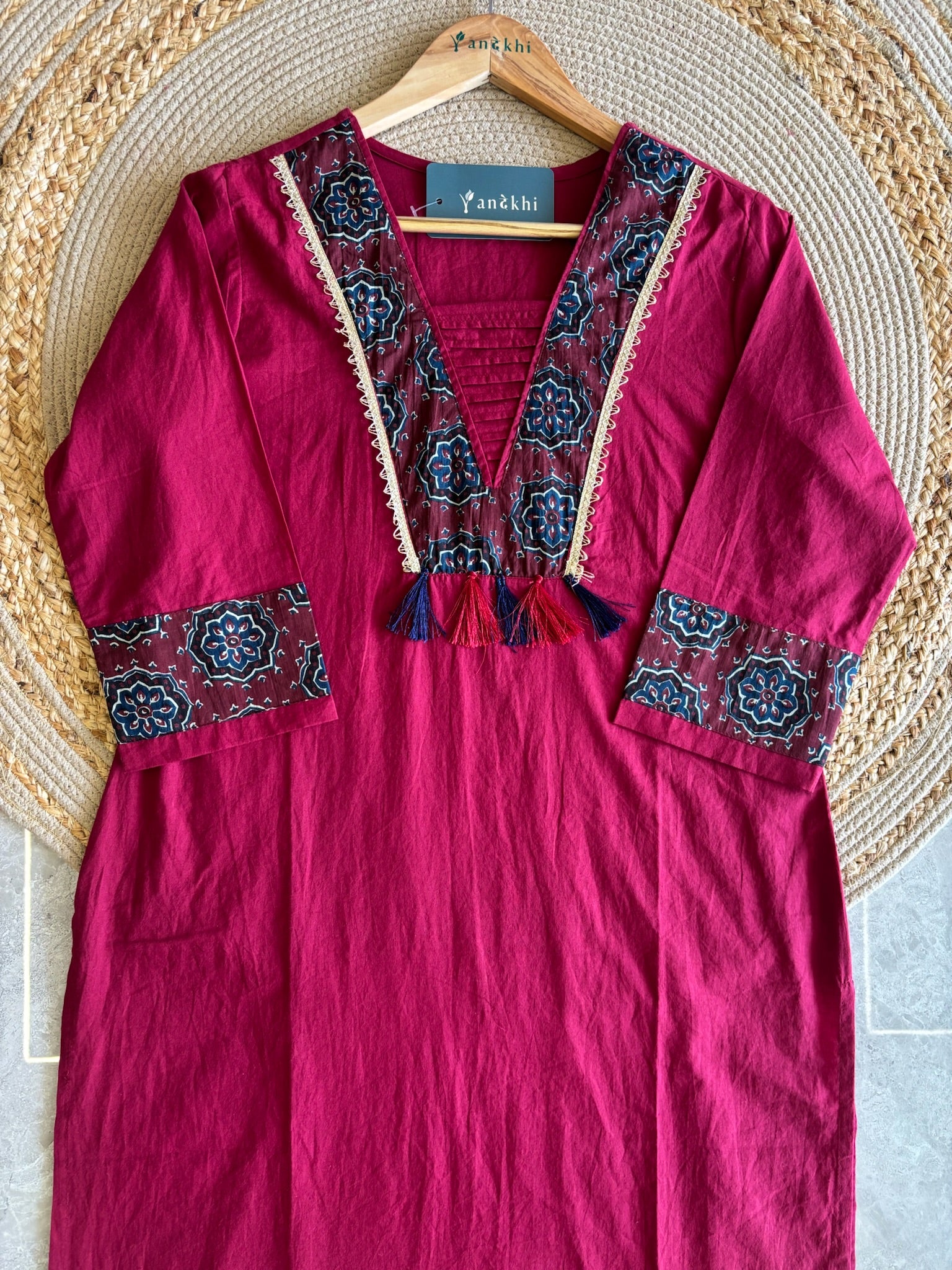 A4024- Pure Cotton Kurti with Statement Yoke Design and Tassels, Printed Pants & Dupatta.