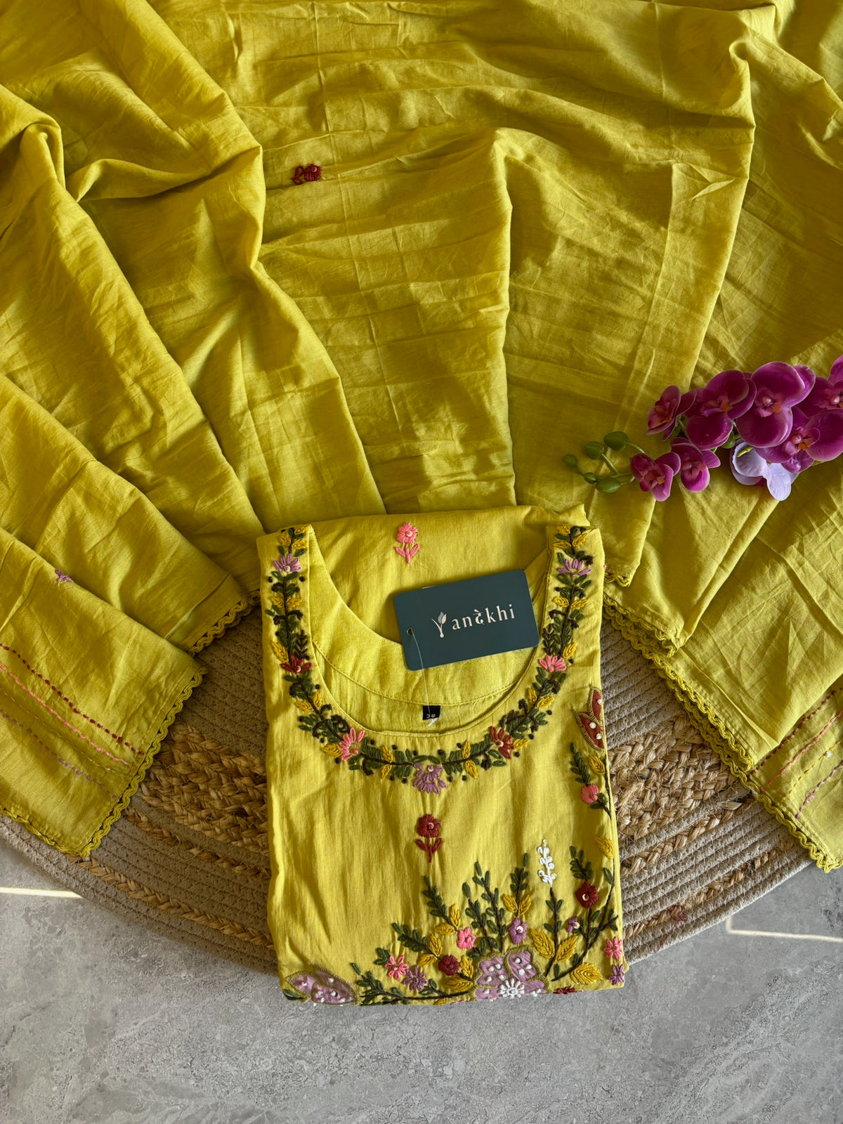 A5075- LimePure Cotton A-lign Suit with Katha work, paired with pants & Dupatta.