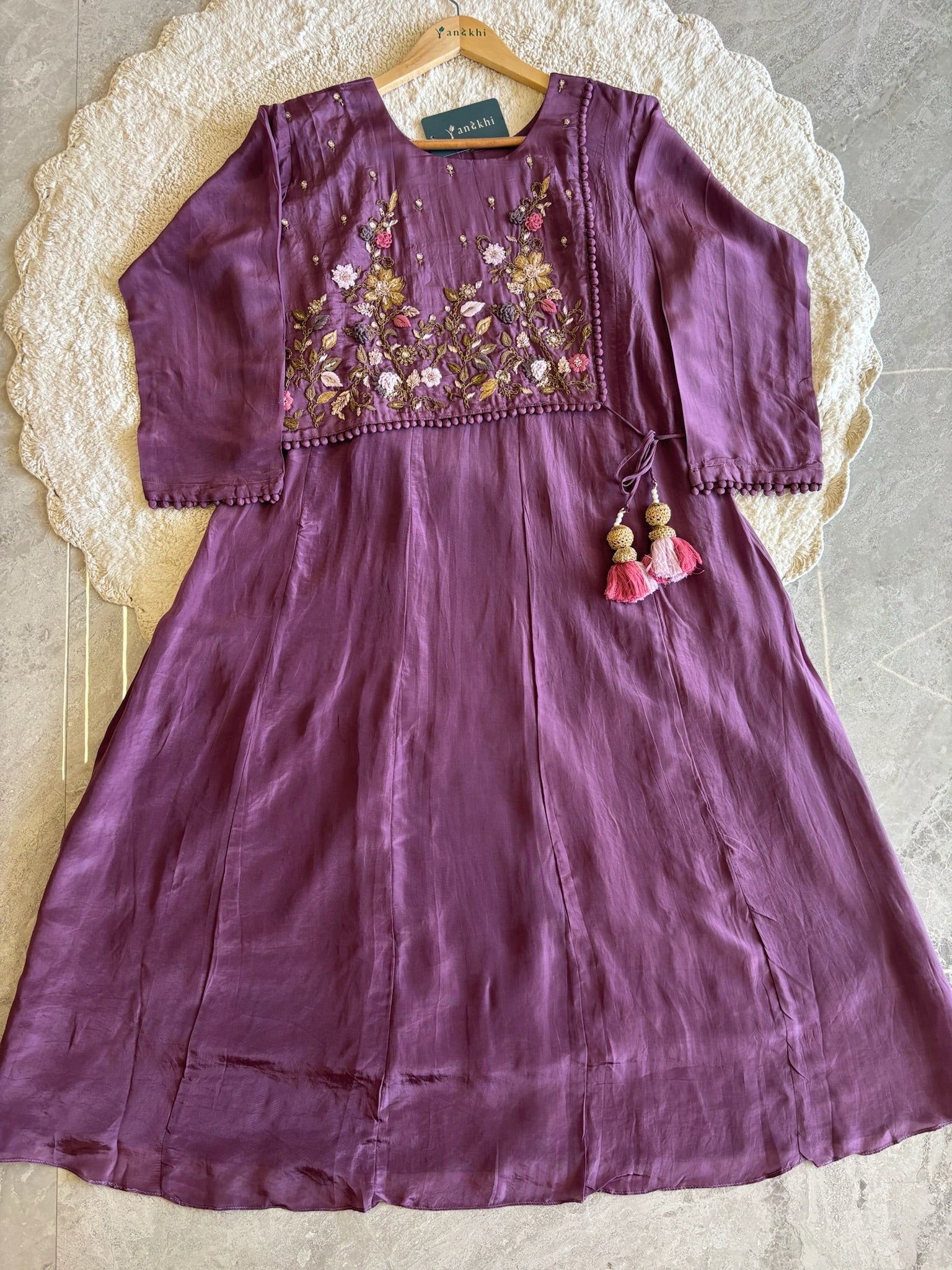 A2642- HO Silk A-Line Suit featuring an Overlap Jacket-Style Hand Embroidered Heavy, Paired with Pants & a Dupatta.
