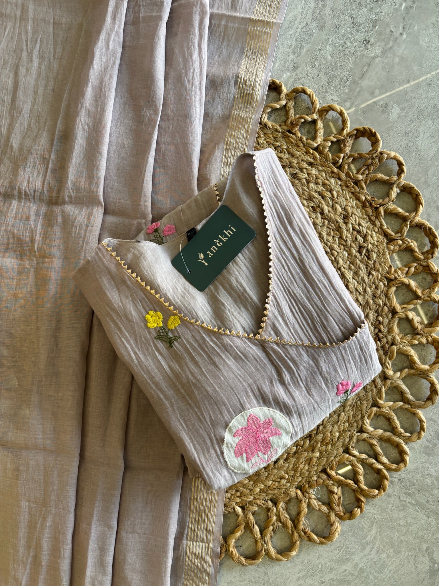 A3964 - Mul Chanderi Angrakha Suit set with delicate Embroidery, Paired with Pants and Dupatta.