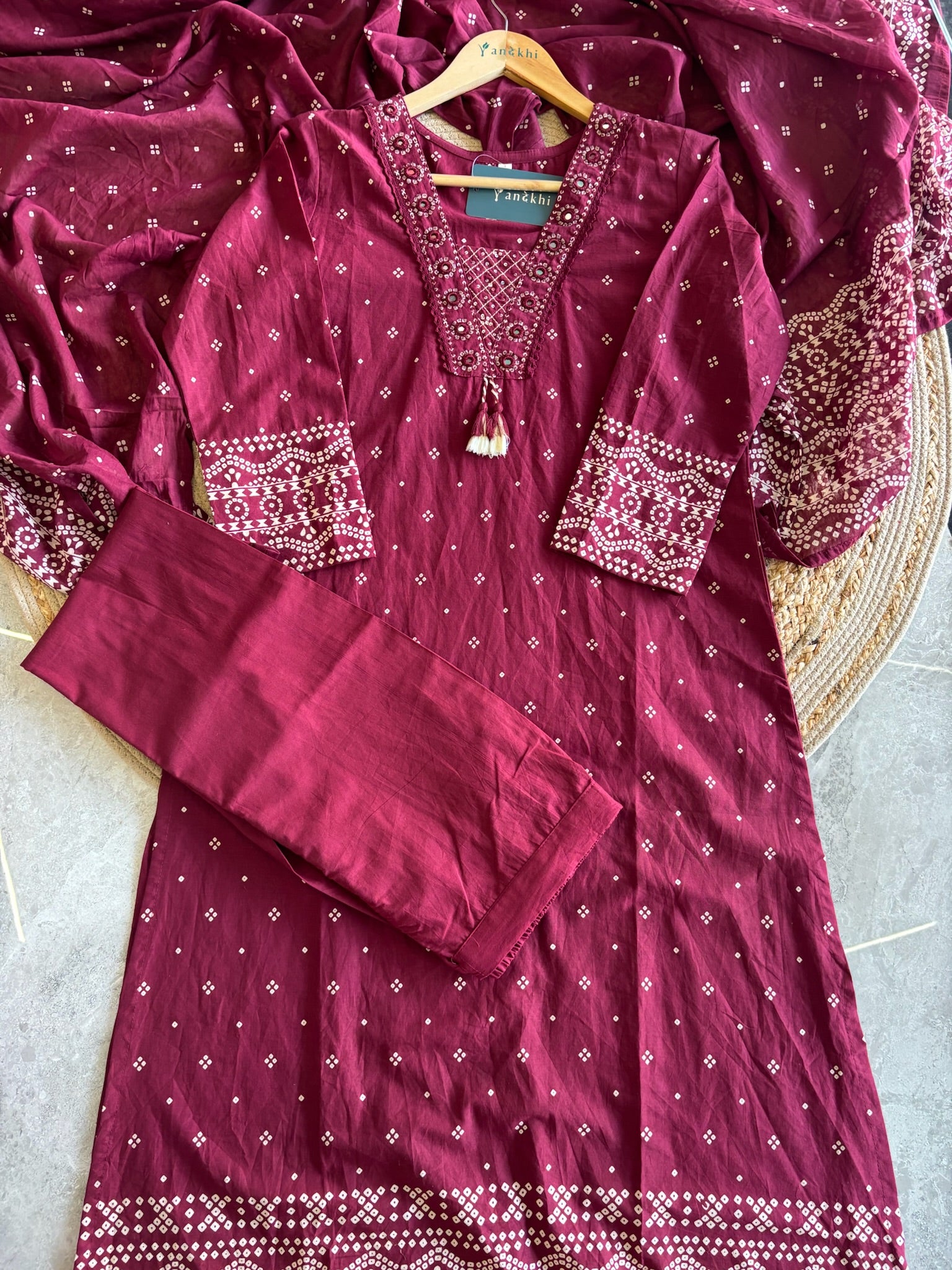 A2850 - Pure Cotton Bandhani Print Kurti with Embroidered Neckline.