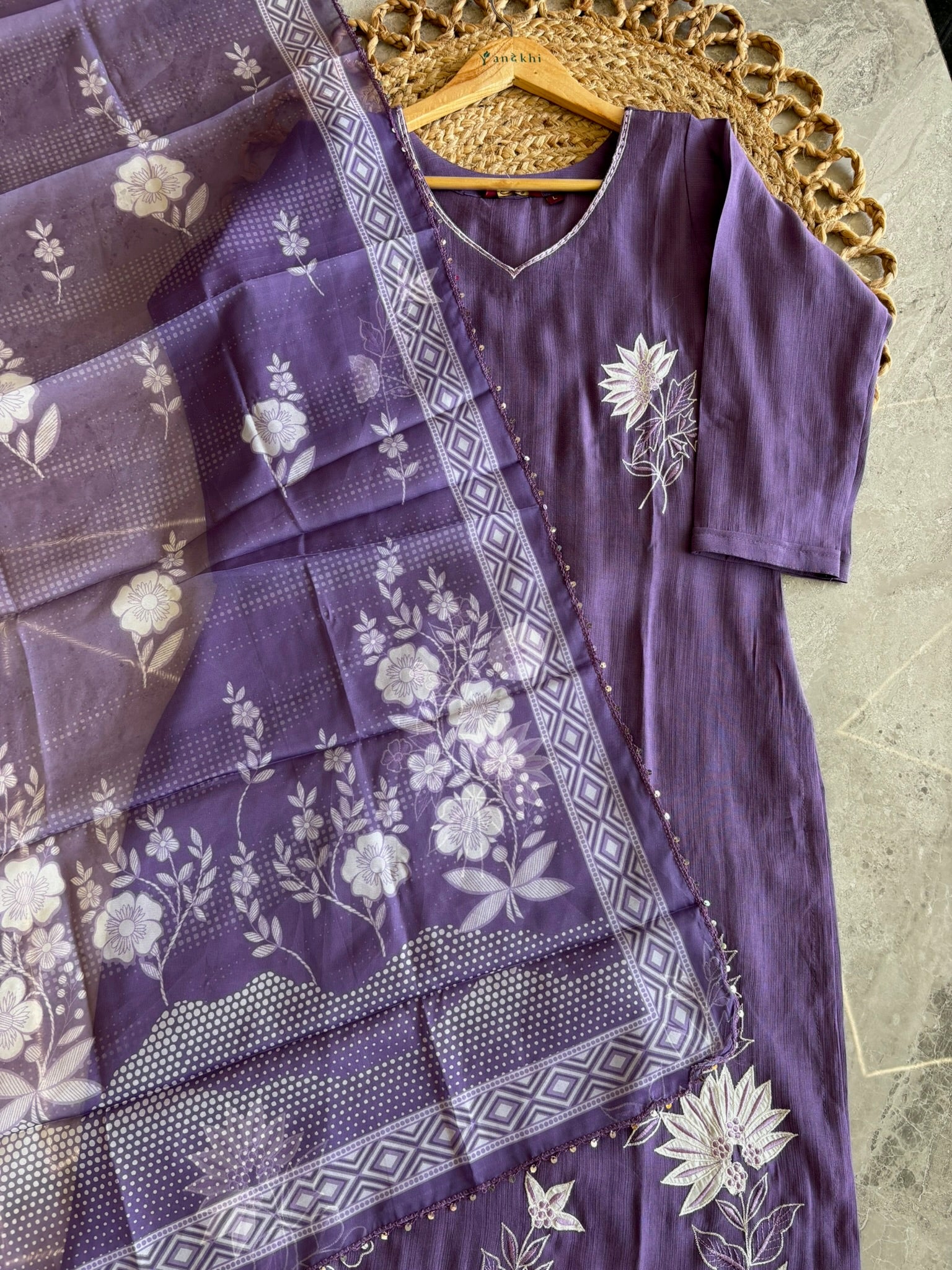 A2714 - Rayon Kurta Set with delicate Patchwork, Hand Embroidery & Printed Organza Dupatta