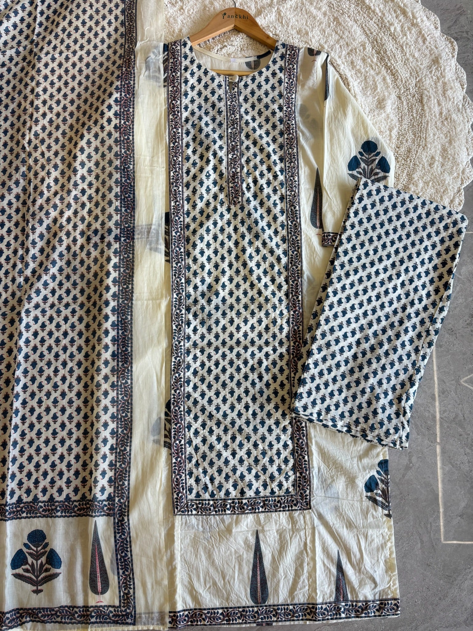A3923- Pure Cotton Suit with Handblock & Floral Prints, a Printed Bottom & Dupatta.