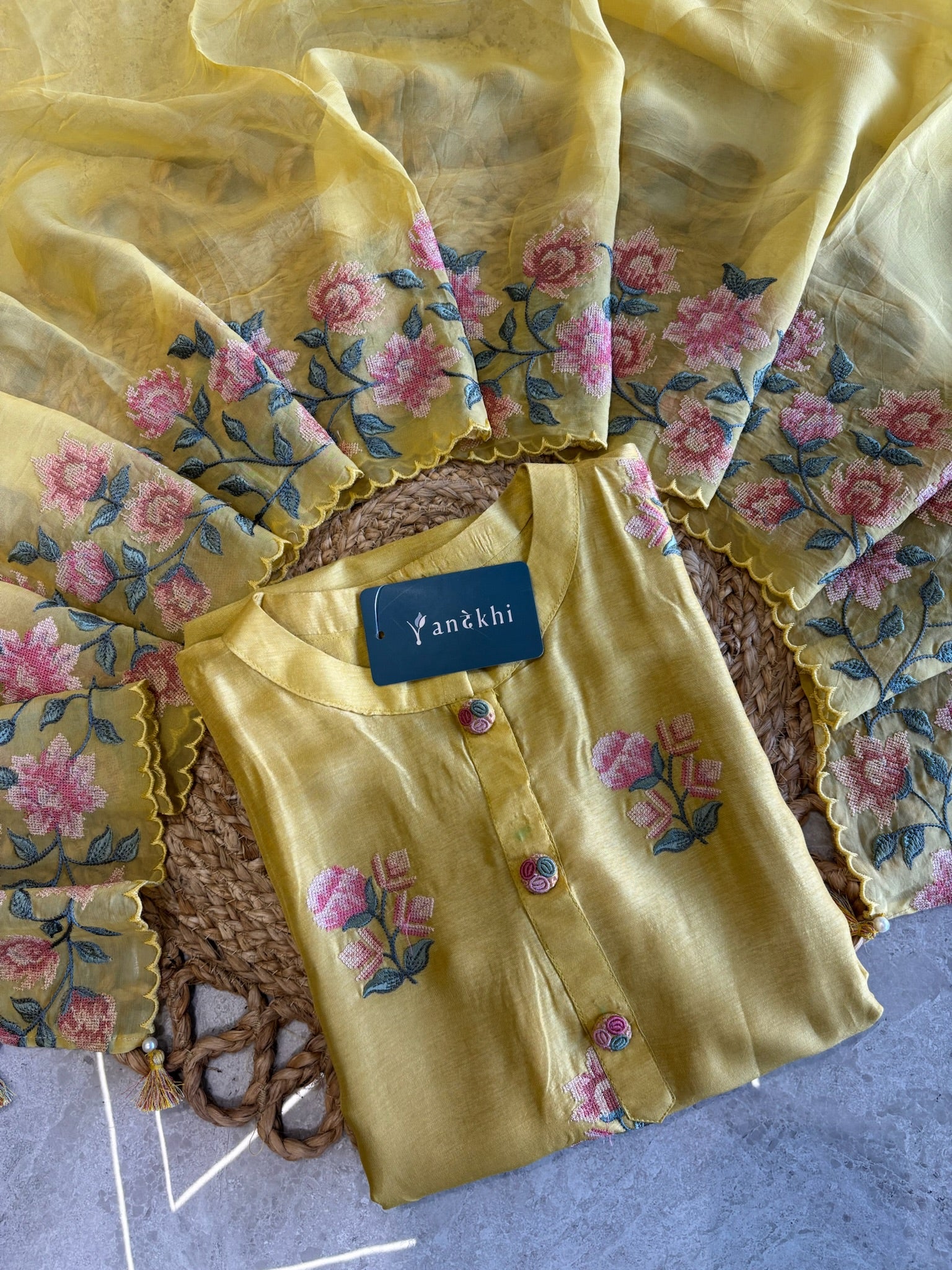 A3961 - Pure Dola Silk suit with French knot Embroidery and Organza Border Dupatta.