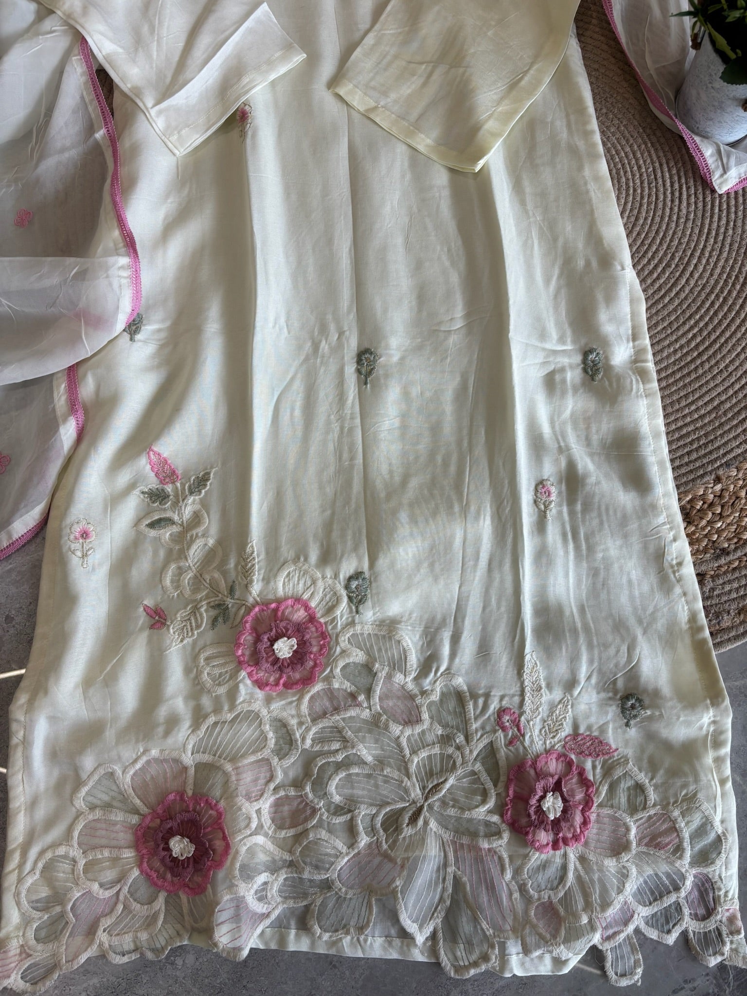 A1597 - Ivory Russian Silk Kurta Set with 3D Floral Appliqué