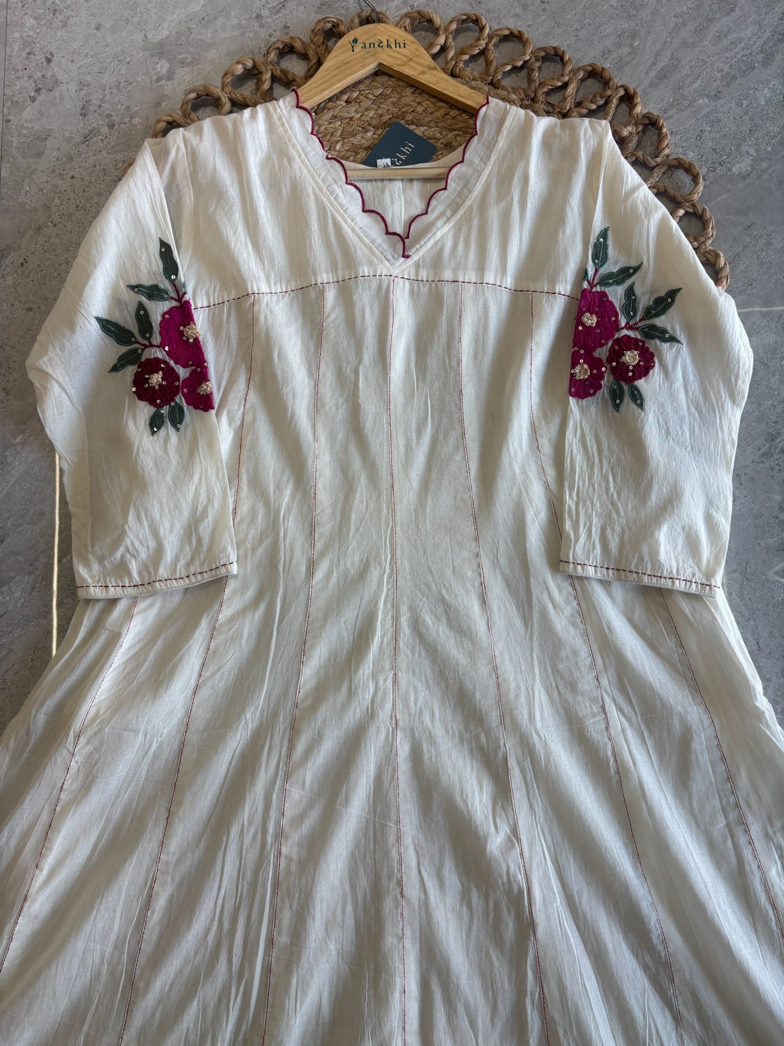 A4160- Pure Mul Chanderi Anarkali style Kurti, stitch detailing & Embroidered sleeves, with pant & Dupatta
