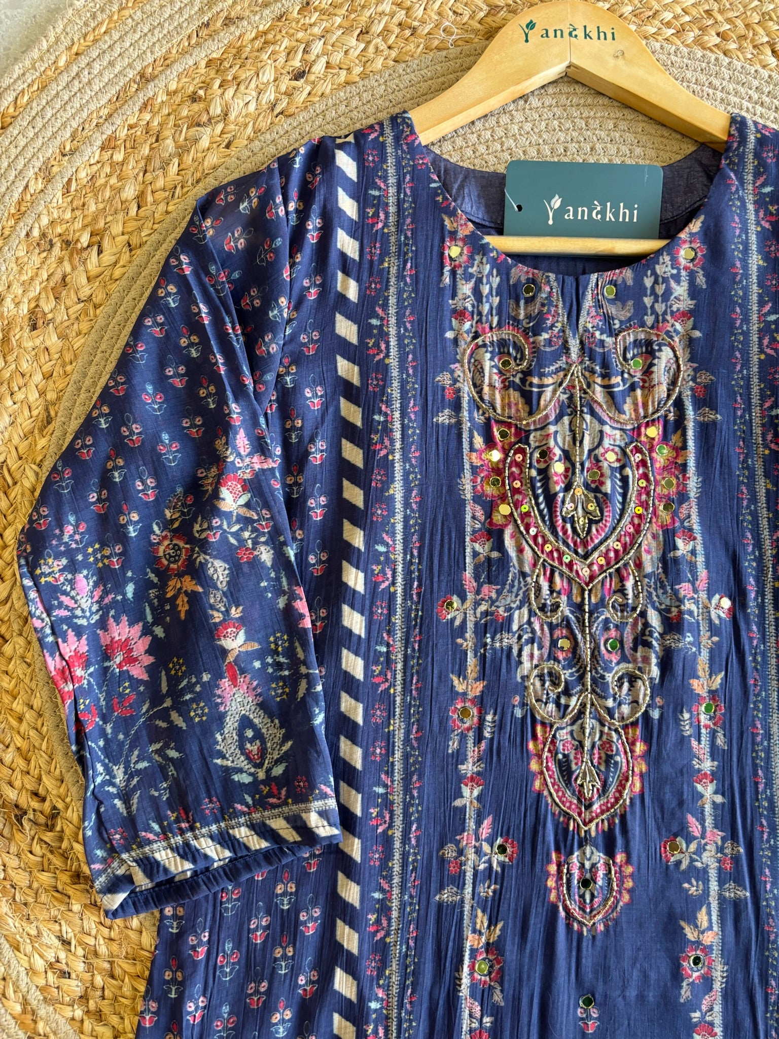 A4009- Muslin Fabric Suit Set with Minimal Work Pants & Dupatta.