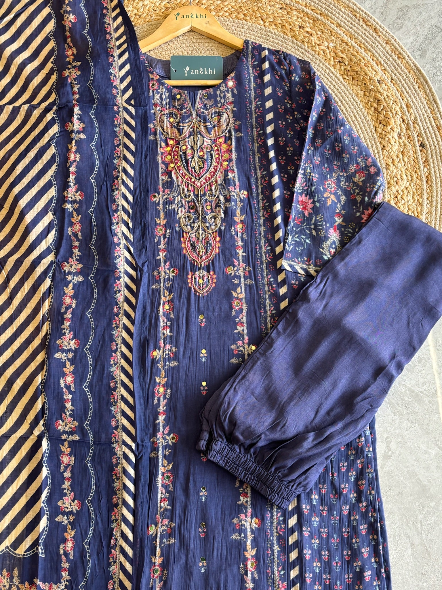 A4009- Muslin Fabric Suit Set with Minimal Work Pants & Dupatta.