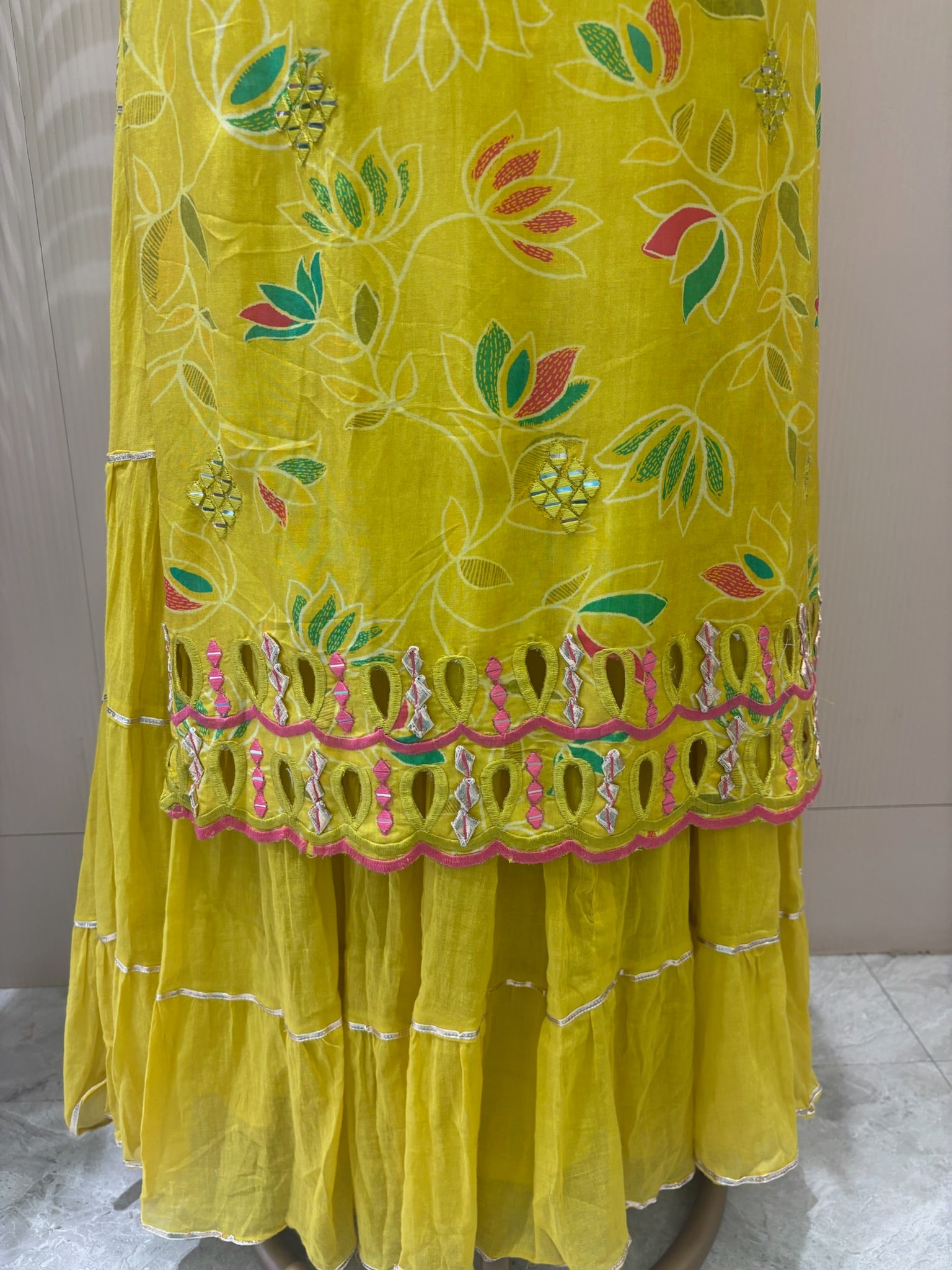 A1091- Mul Mul Gown with Gota, Appliqué & Cutwork Detailing 💛✨