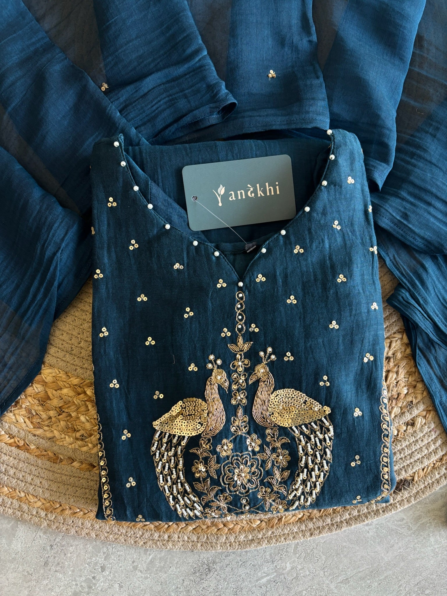 A1631- Mul Chanderi Handwork Suit with Pants & Dupatta