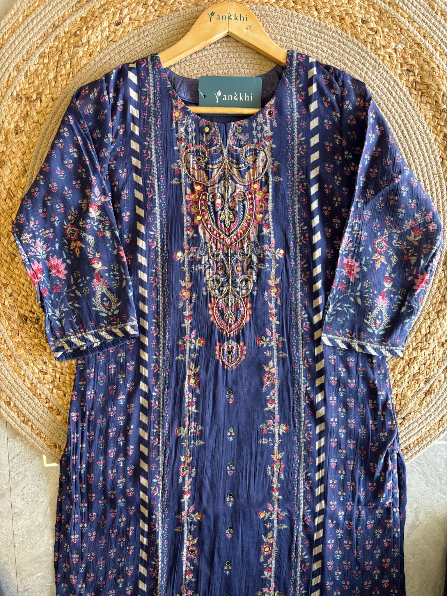 A4009- Muslin Fabric Suit Set with Minimal Work Pants & Dupatta.
