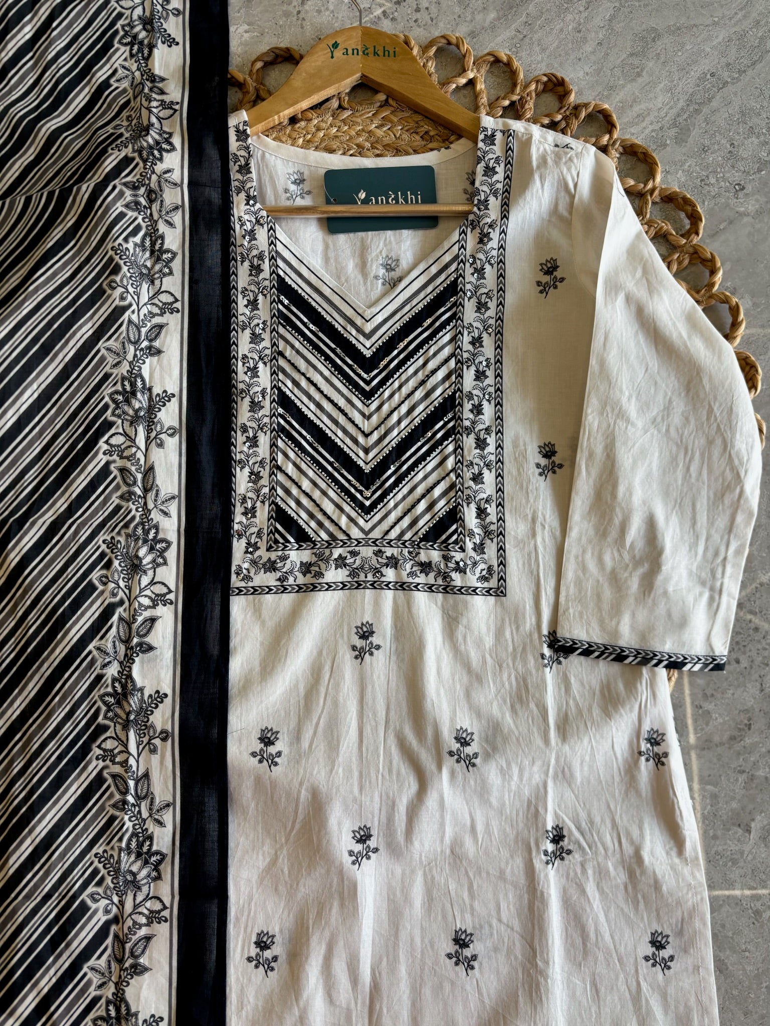 A3943- Pure Cotton Suit with detailed Neckline, Pants & Dupatta