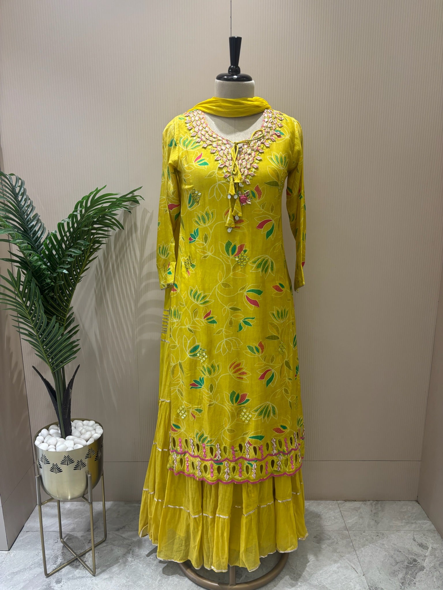 A1091- Mul Mul Gown with Gota, Appliqué & Cutwork Detailing 💛✨
