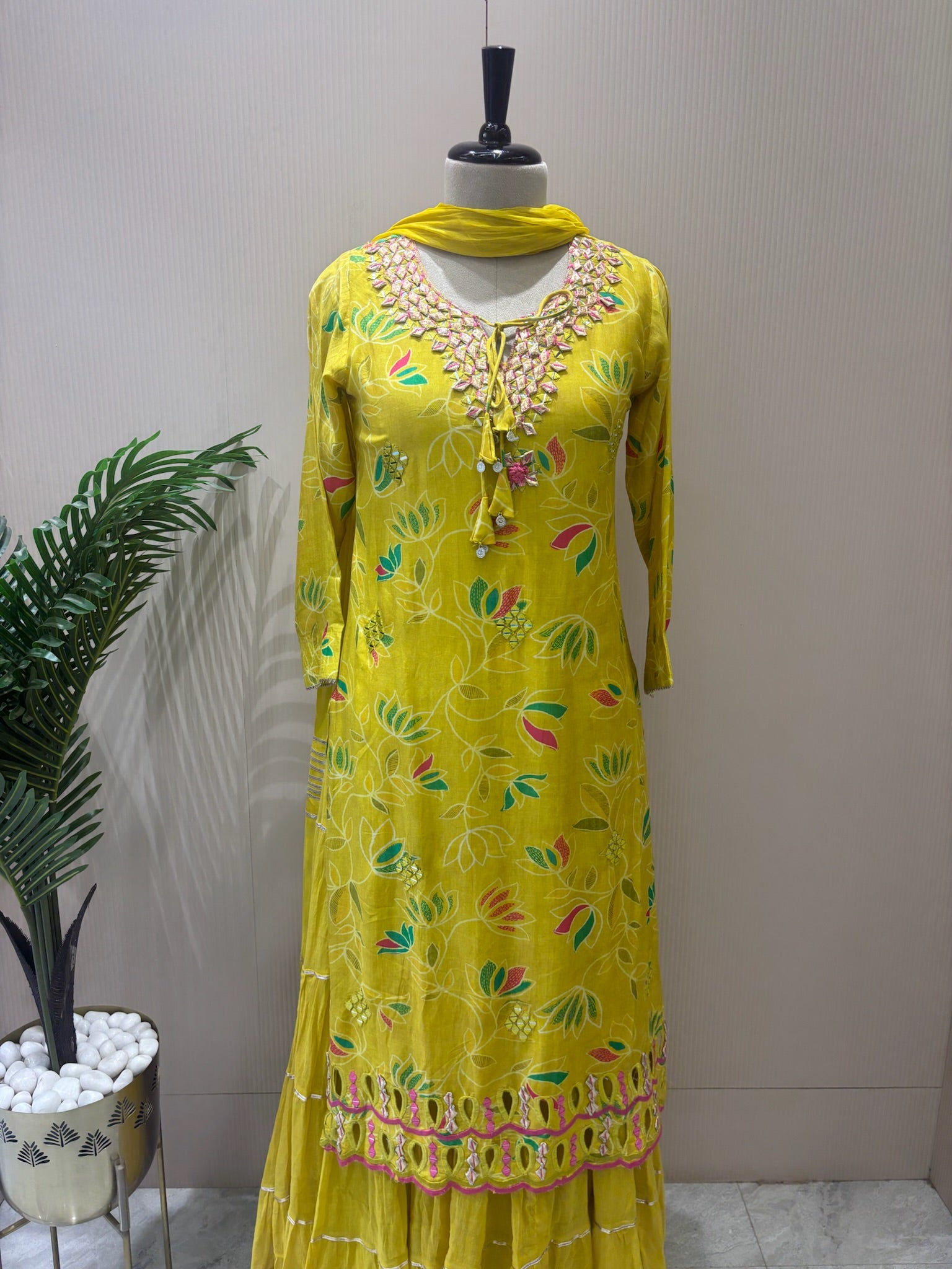A1091- Mul Mul Gown with Gota, Appliqué & Cutwork Detailing 💛✨