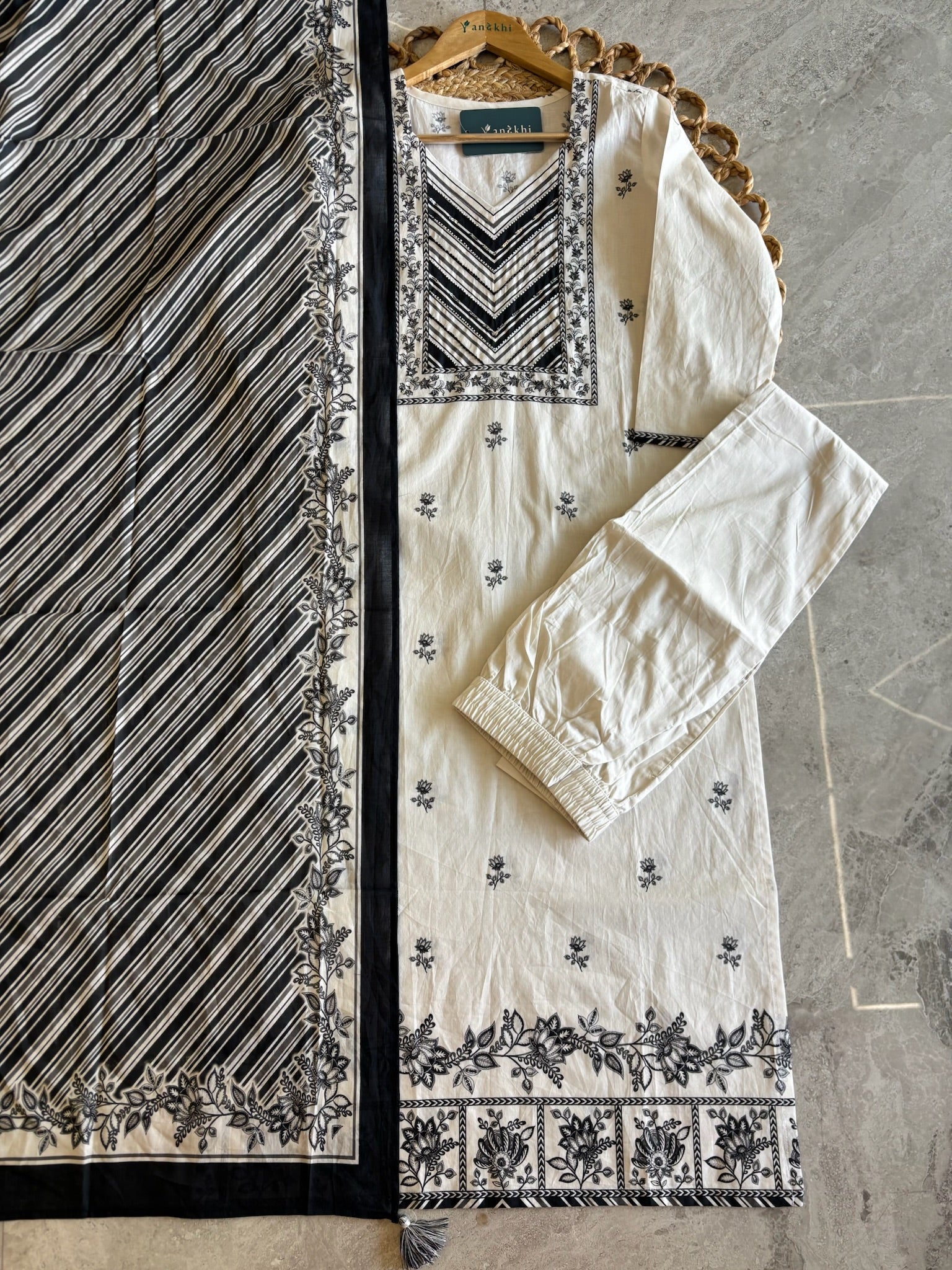 A3943- Pure Cotton Suit with detailed Neckline, Pants & Dupatta