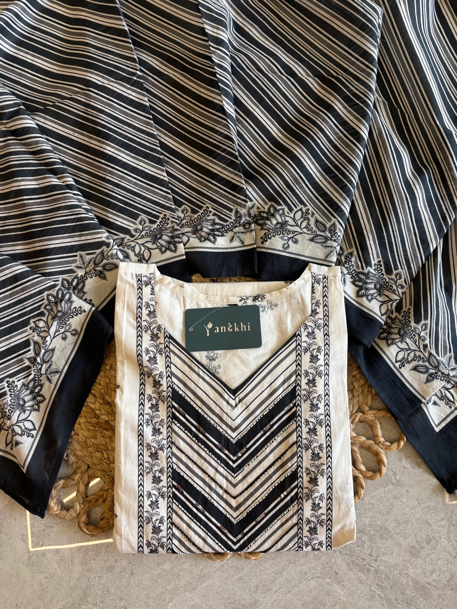 A3943- Pure Cotton Suit with detailed Neckline, Pants & Dupatta