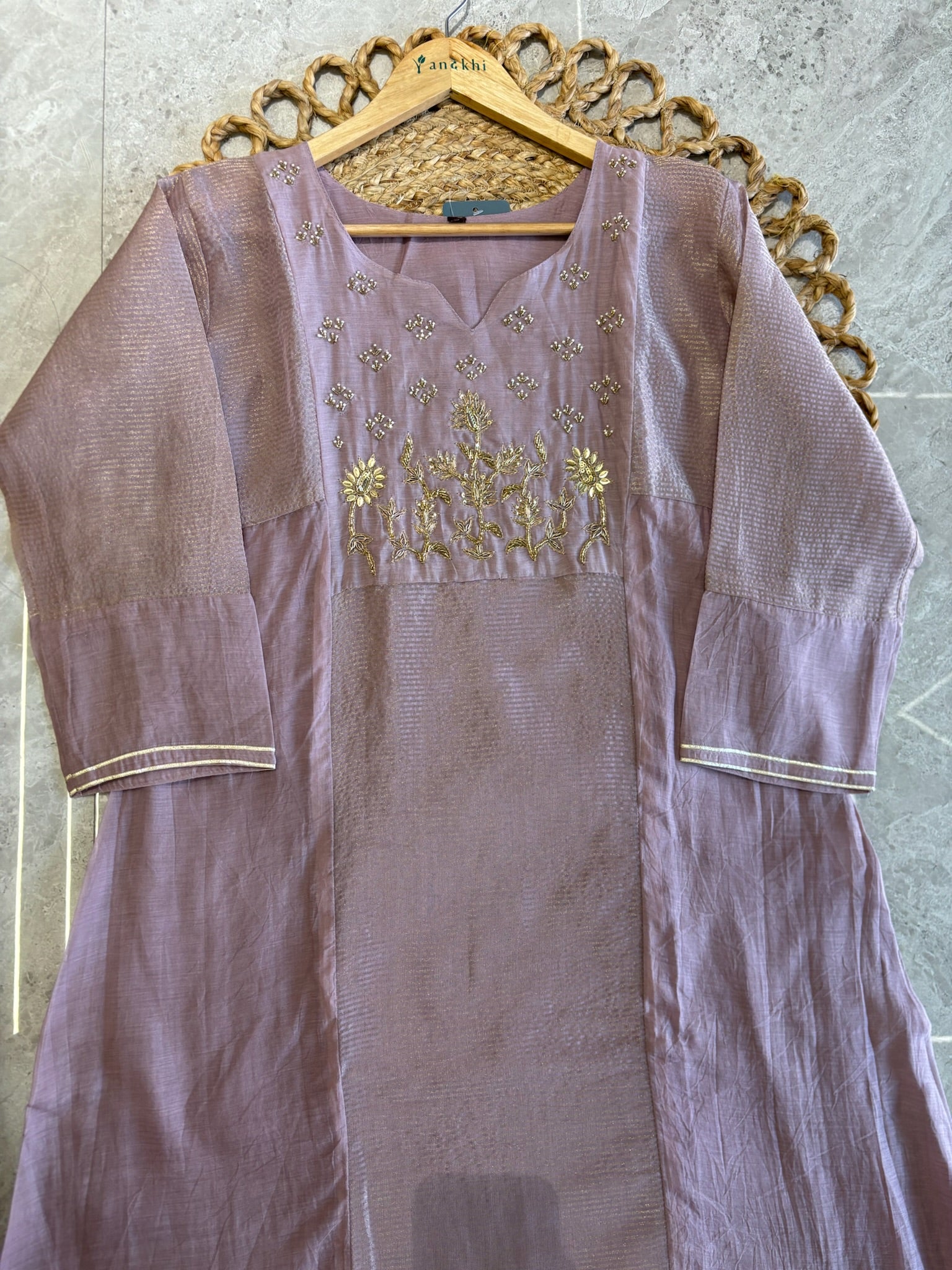 A4141- Mul Chanderi Silk Designer Suit with delicate Handwork, paired with Pants & a Striped Tissue Dupatta.