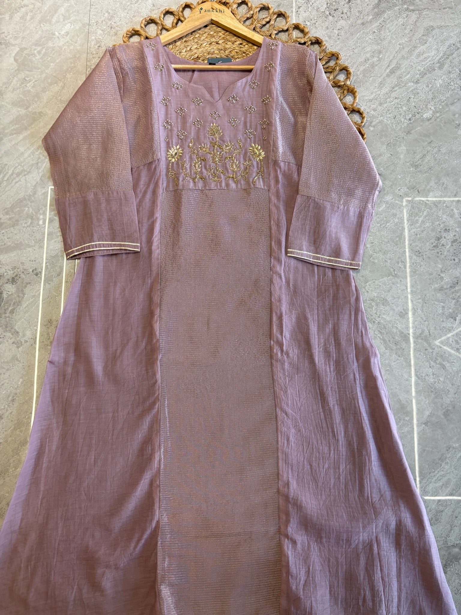 A4141- Mul Chanderi Silk Designer Suit with delicate Handwork, paired with Pants & a Striped Tissue Dupatta.