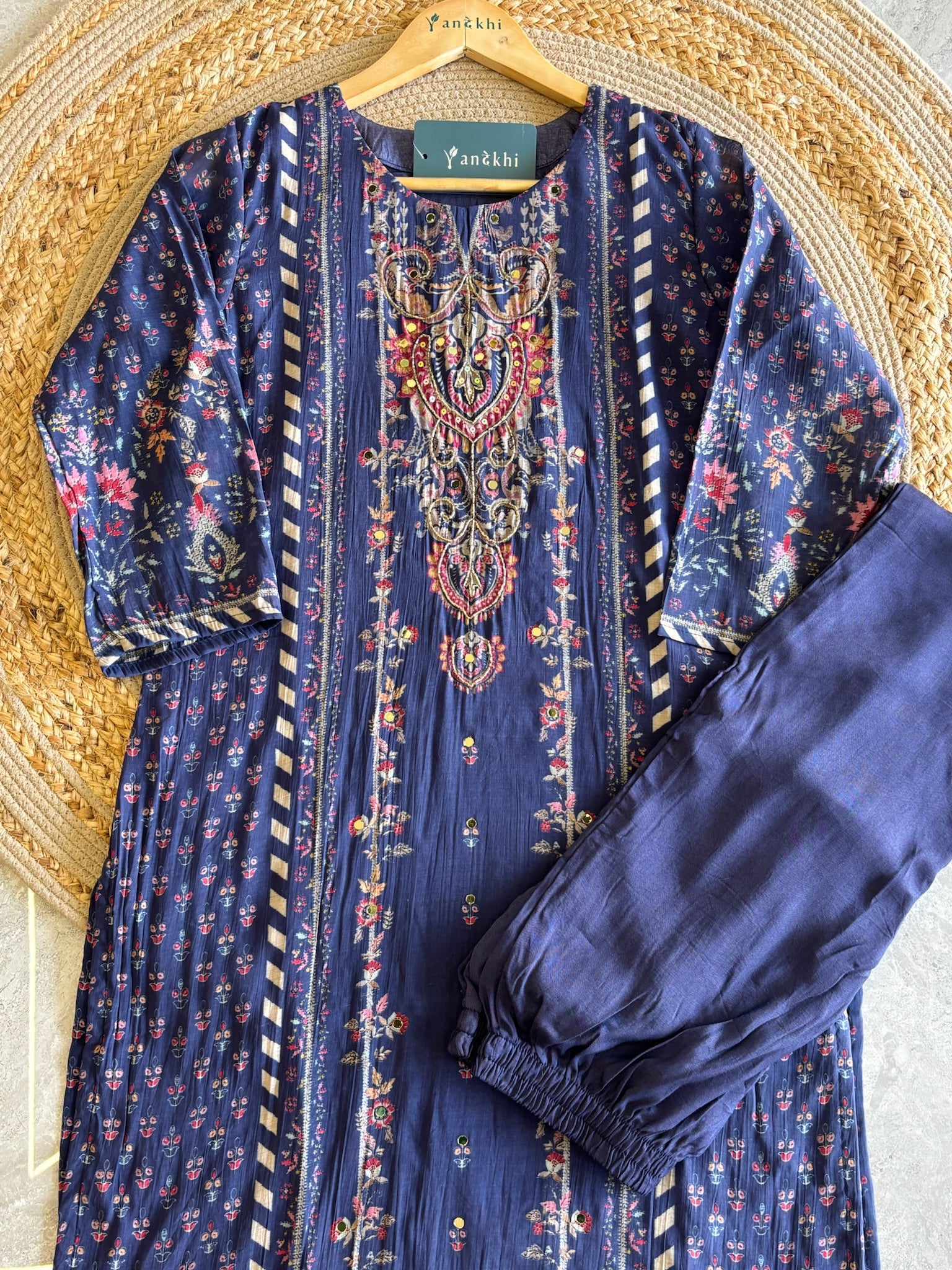 A4009- Muslin Fabric Suit Set with Minimal Work Pants & Dupatta.