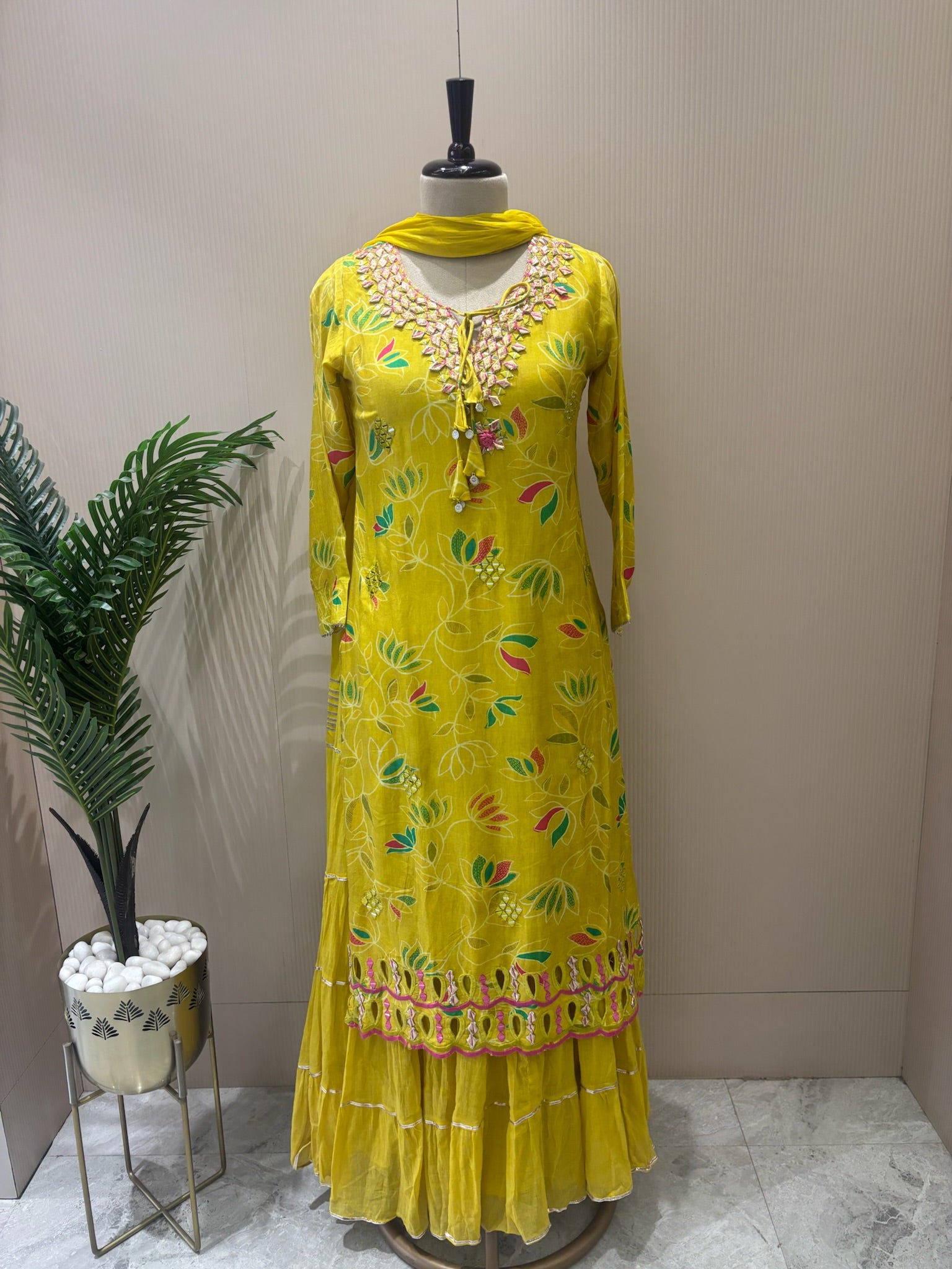 A1091- Mul Mul Gown with Gota, Appliqué & Cutwork Detailing 💛✨