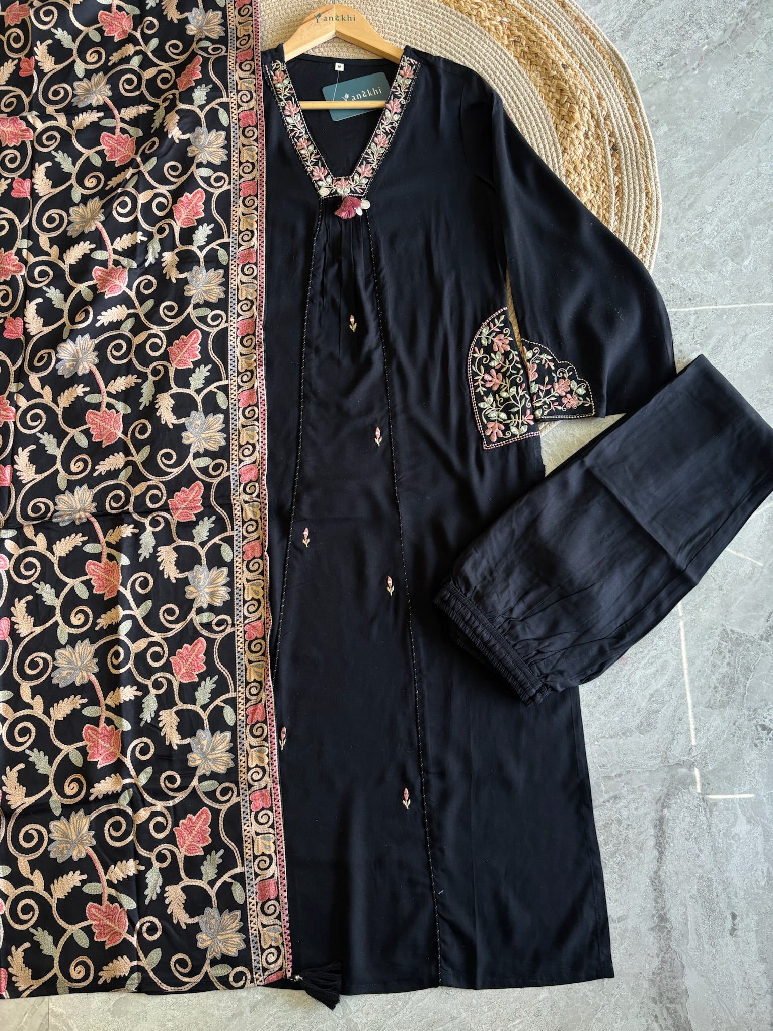 A3932- Rayon Suit adorned with Floral Embroidery, statement Dupatta & Pants.