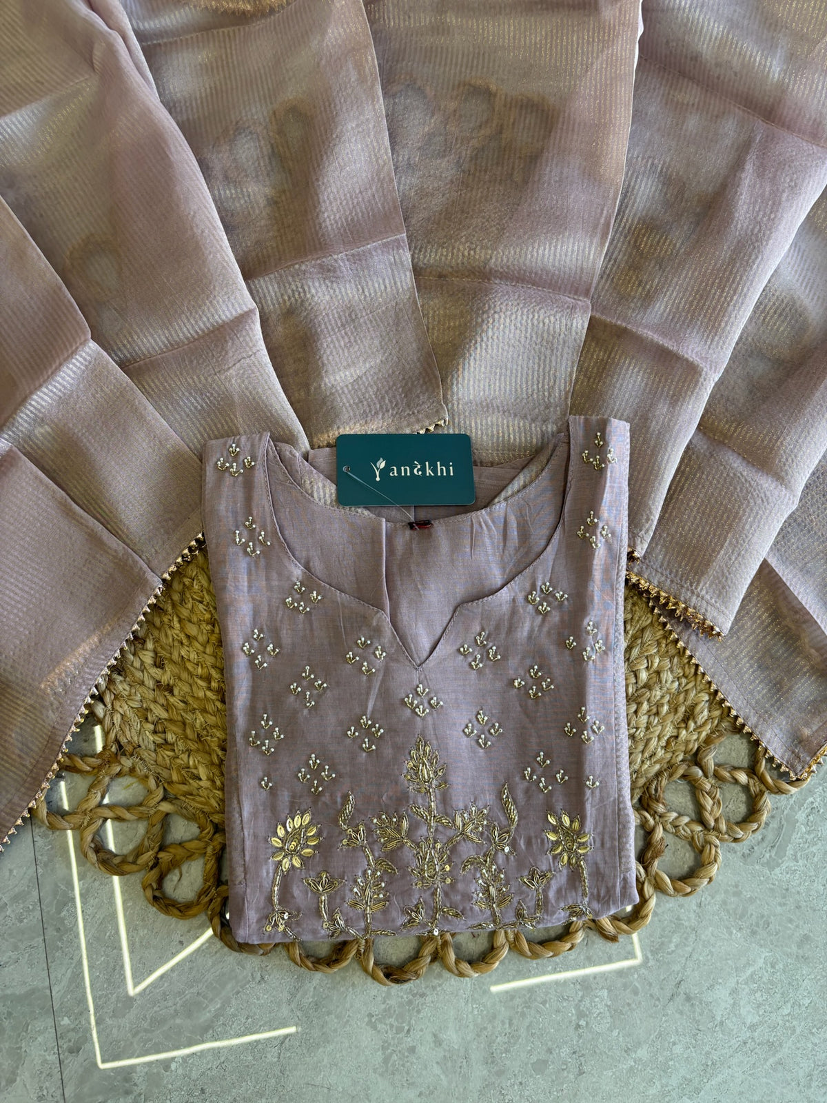 A4141- Mul Chanderi Silk Designer Suit with delicate Handwork, paired with Pants & a Striped Tissue Dupatta.