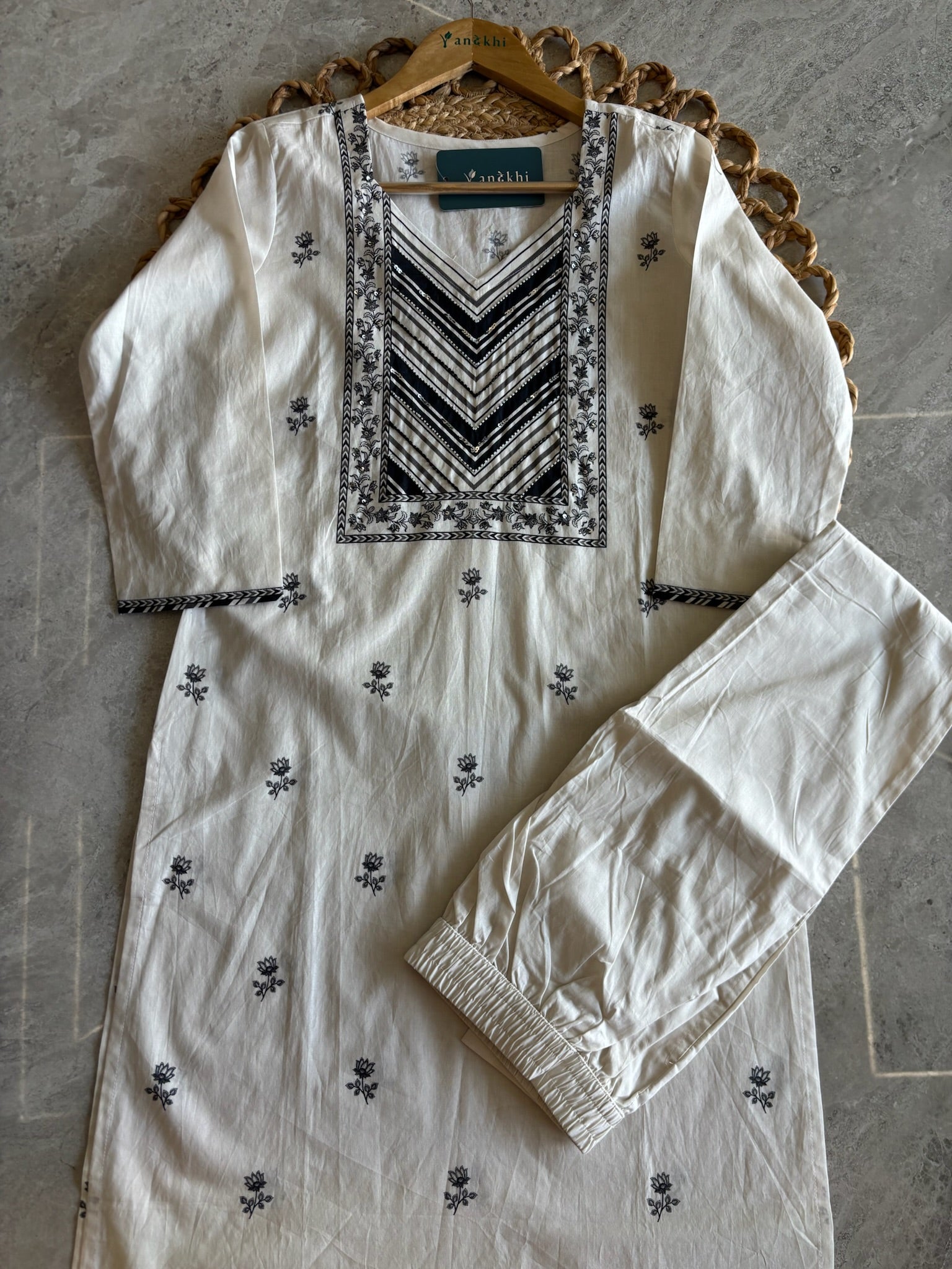 A3943- Pure Cotton Suit with detailed Neckline, Pants & Dupatta