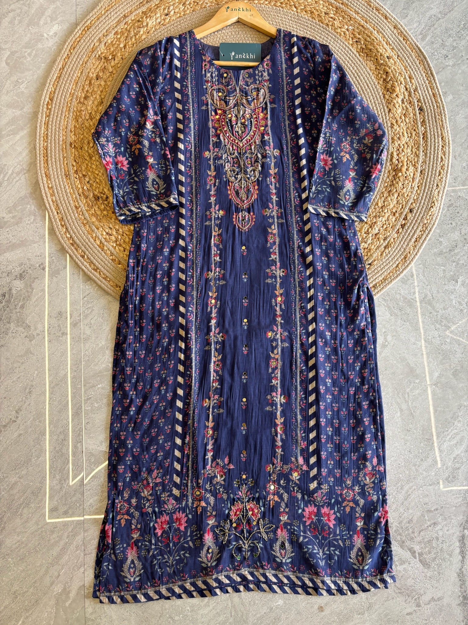 A4009- Muslin Fabric Suit Set with Minimal Work Pants & Dupatta.