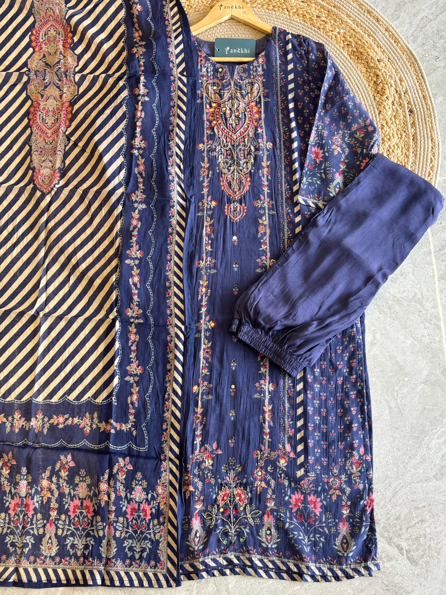 A4009- Muslin Fabric Suit Set with Minimal Work Pants & Dupatta.