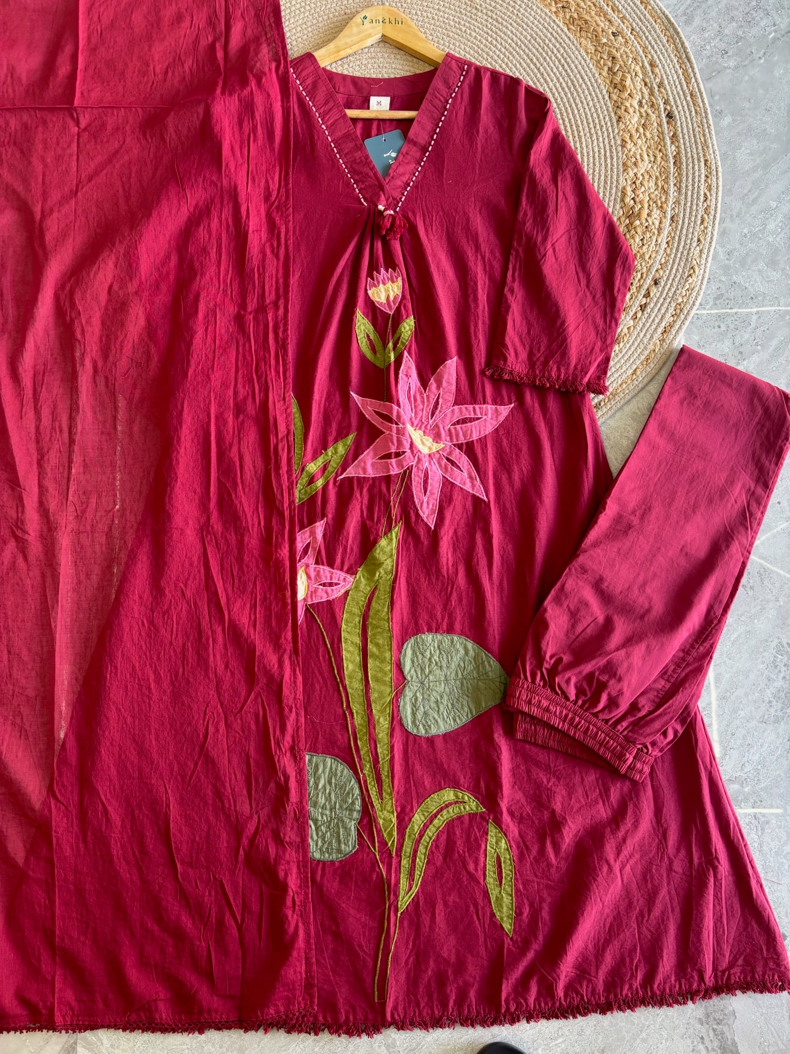A4060- Mul Cotton Kurti with contrast Patchwork, paired with Pants & Dupatta.
