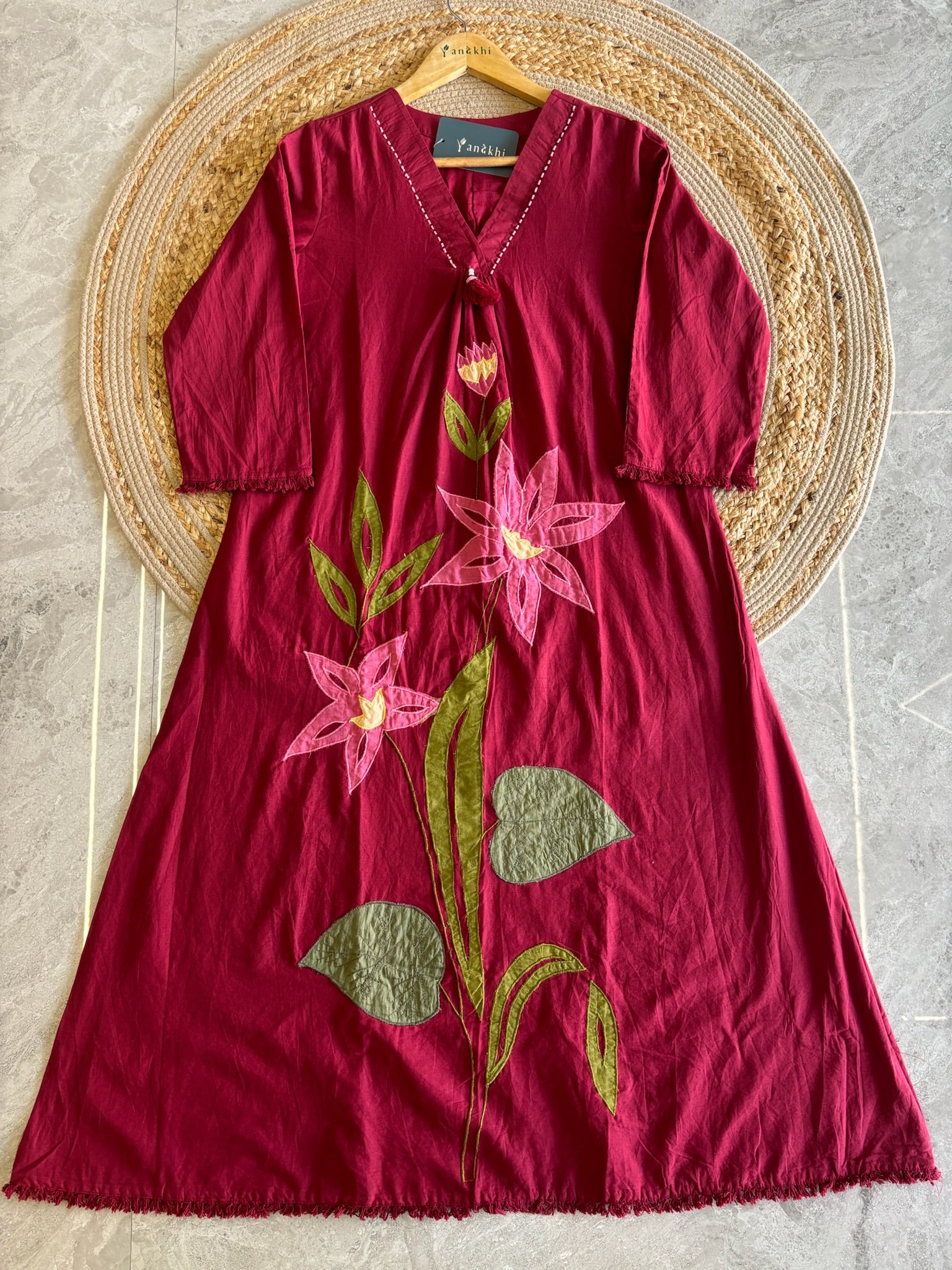 A4060- Mul Cotton Kurti with contrast Patchwork, paired with Pants & Dupatta.