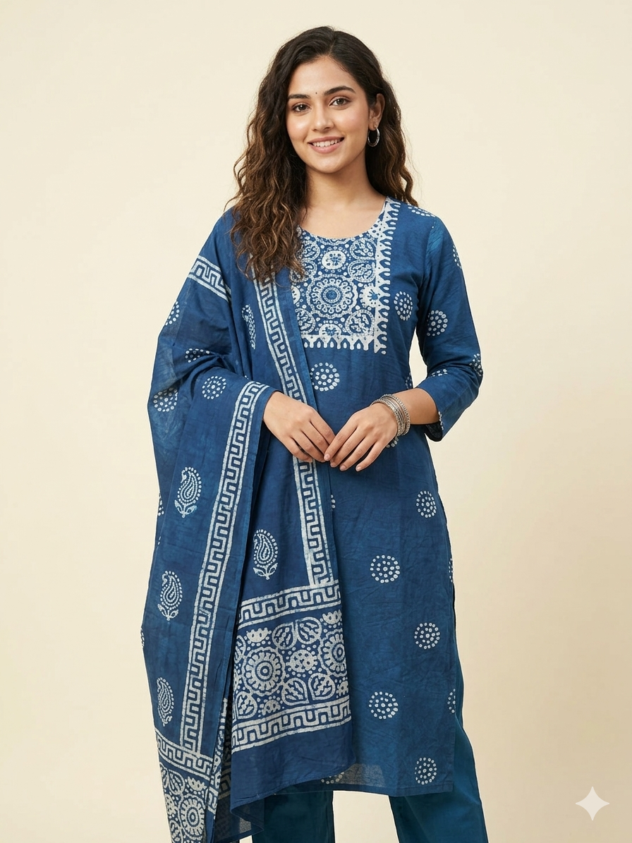 A3903- Hand Block Batik Print Silk Kurti with Pants & Dupatta.