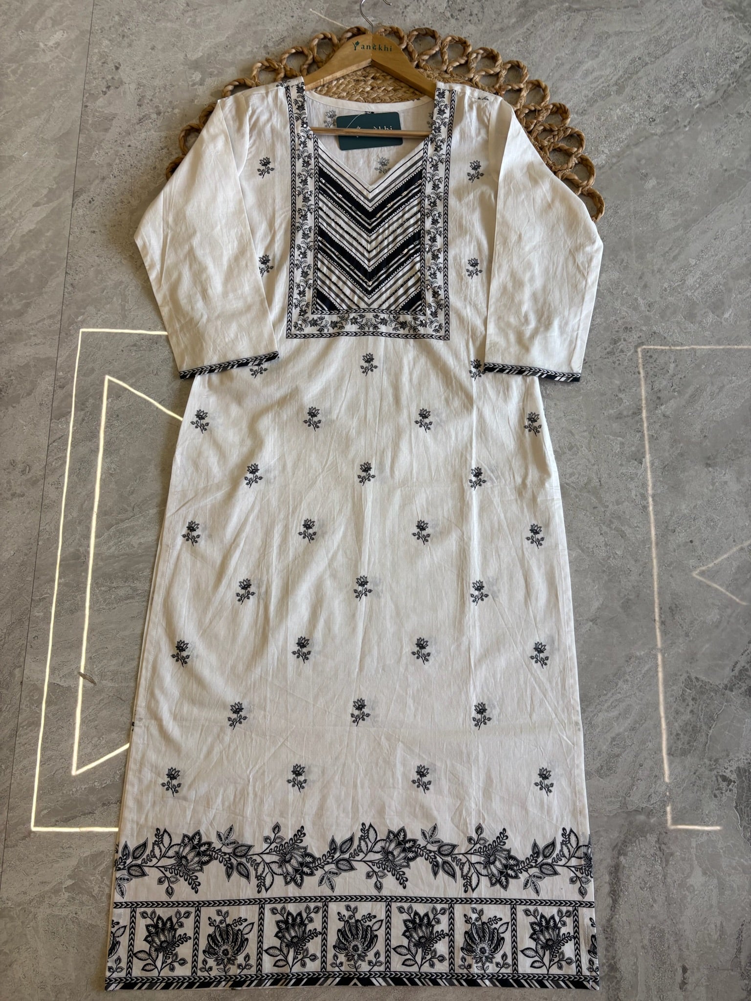 A3943- Pure Cotton Suit with detailed Neckline, Pants & Dupatta