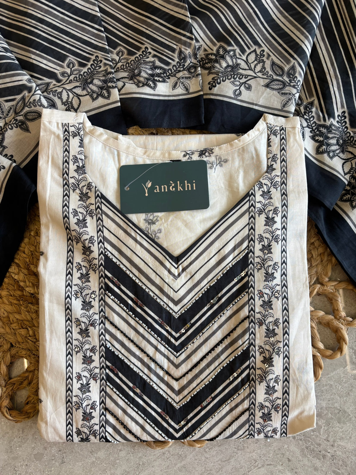A3943- Pure Cotton Suit with detailed Neckline, Pants & Dupatta