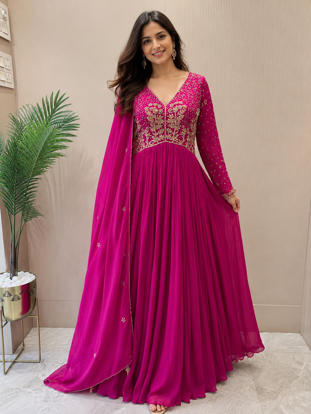 A2707- Gown in Pure Chinon fabric, featuring intricate Zari, Sequins Handwork on the Yoke & Sleeves.