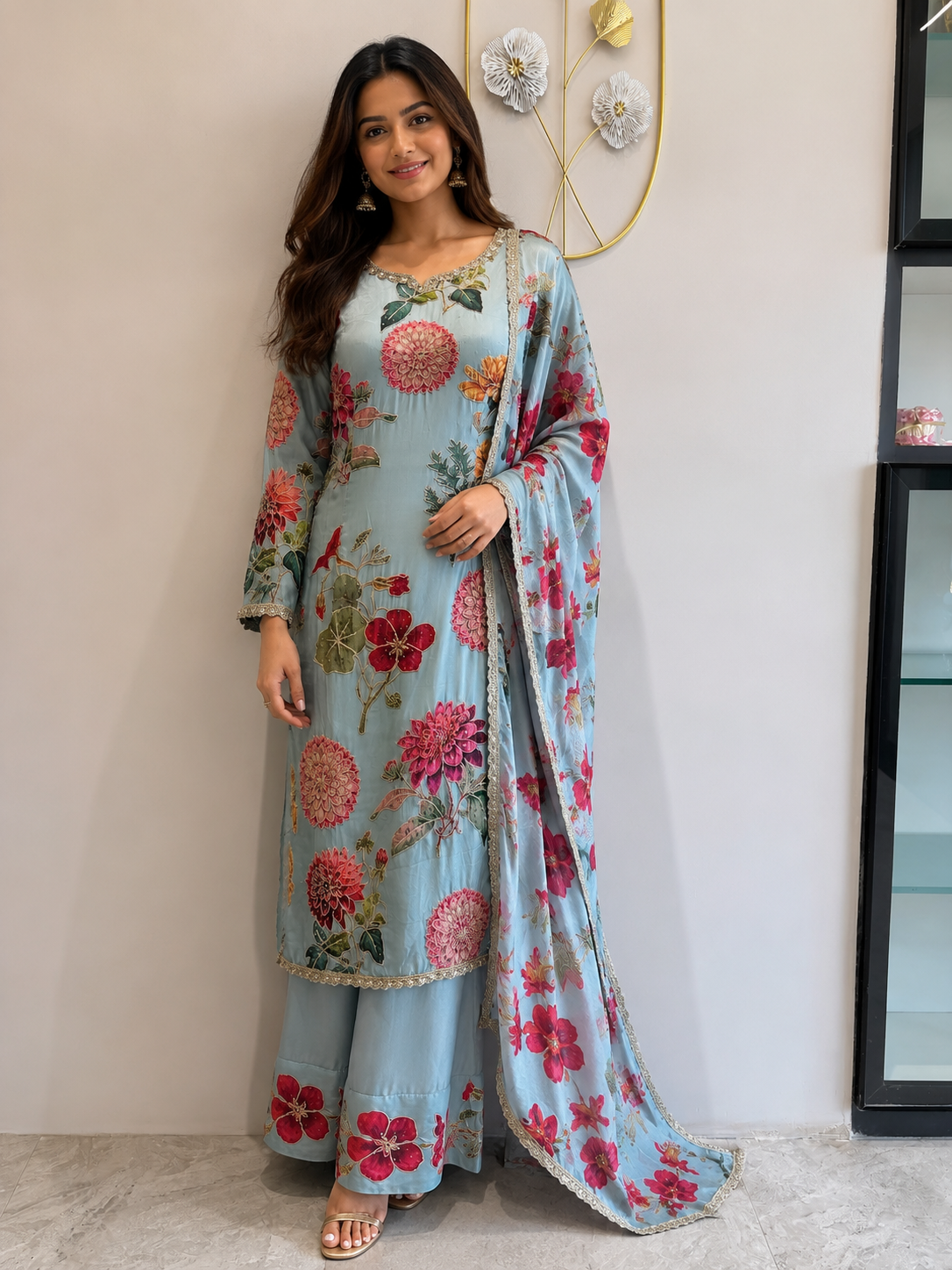 A1541- Pure Crepe Heavily Embellished Suit with Intricate Handwork paired with Palazzo Pants & Dupatta.