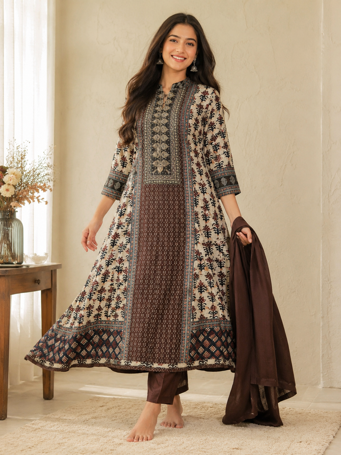 A2639- Pure Tussar Silk Ajrakh Print Suit featuring ethnic motifs, elegant Handwork detailing on the Yoke, Matching Pants & Chinon Dupatta.