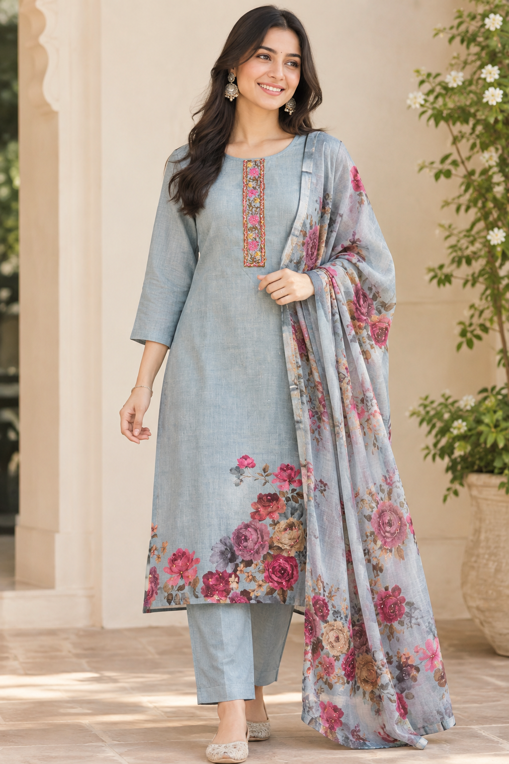 A4964- Linen Suit with Floral Printed Katha-Embellished Dupatta, paired with Pants.