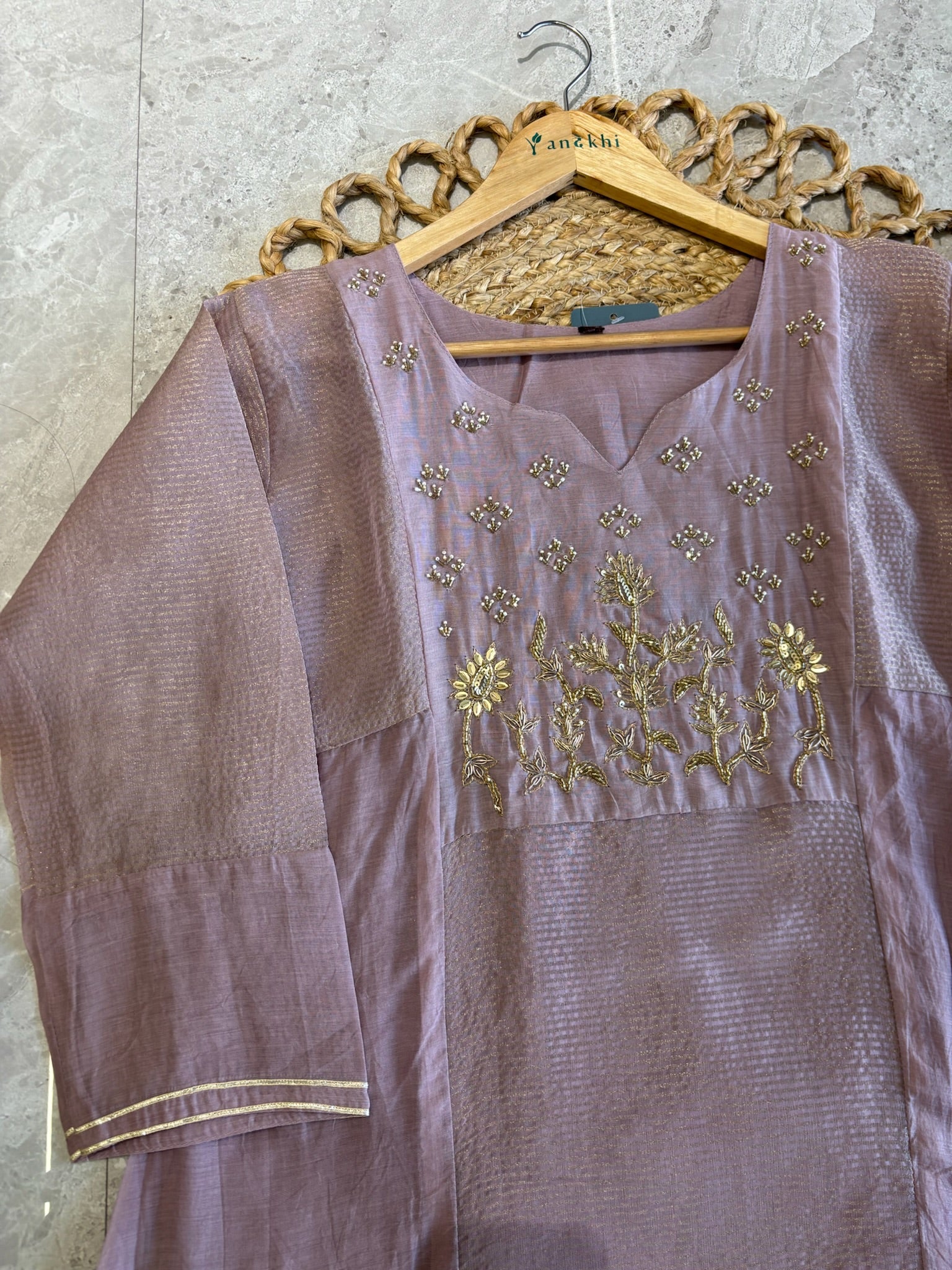 A4141- Mul Chanderi Silk Designer Suit with delicate Handwork, paired with Pants & a Striped Tissue Dupatta.