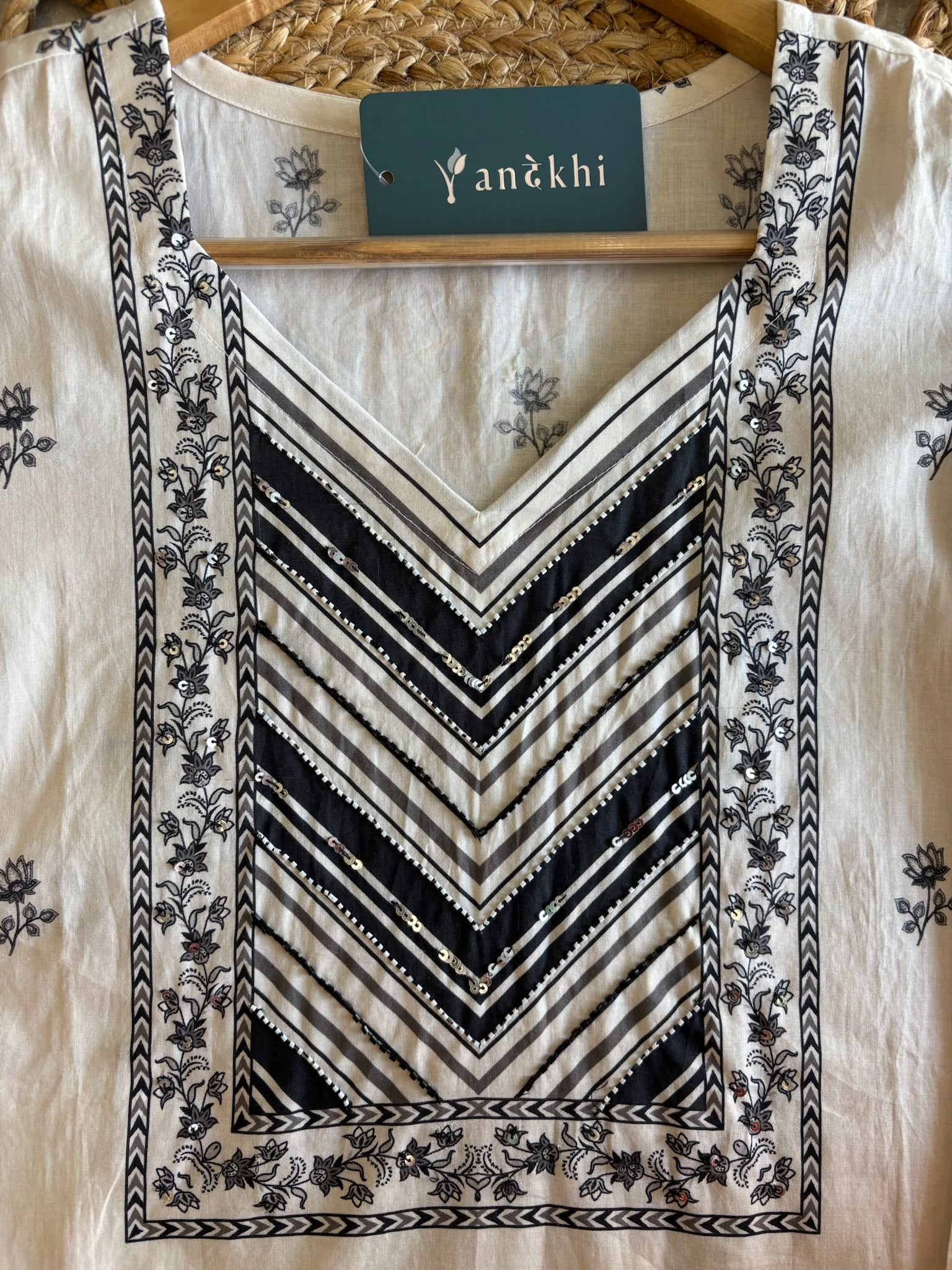 A3943- Pure Cotton Suit with detailed Neckline, Pants & Dupatta
