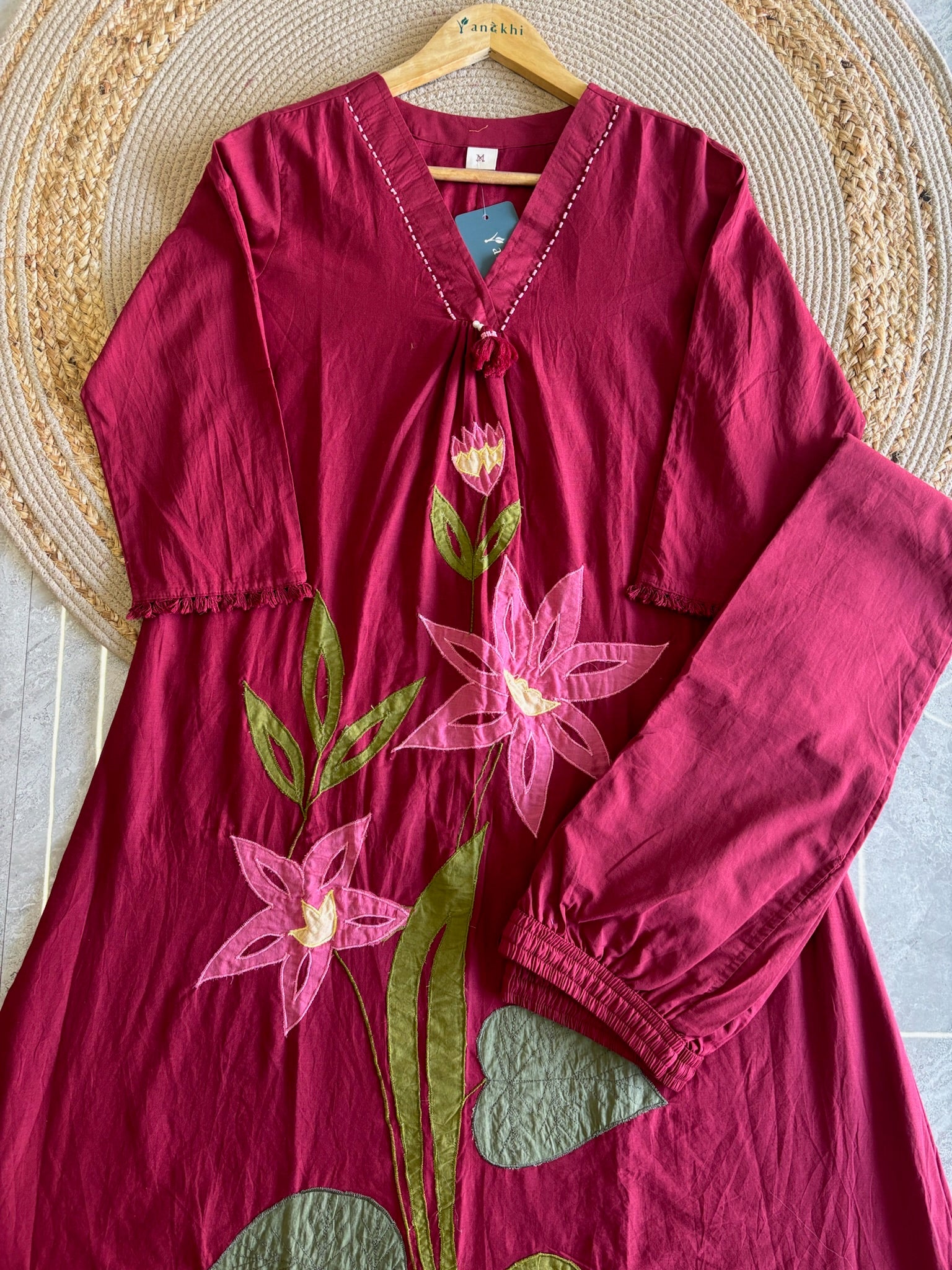 A4060- Mul Cotton Kurti with contrast Patchwork, paired with Pants & Dupatta.