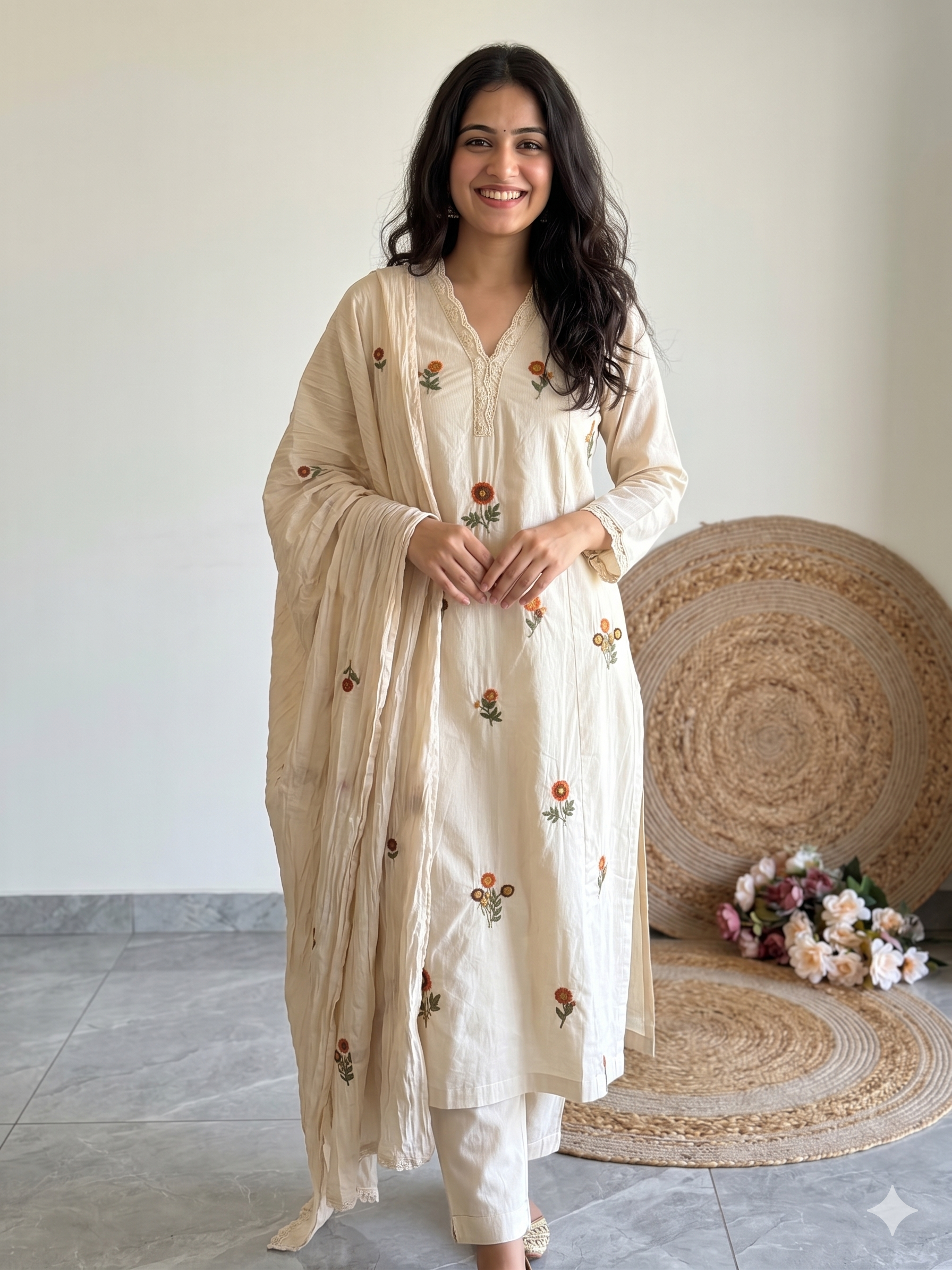 A4052- Pure Cotton Suit Adorned with Delicate Floral Embroidery, paired with Pants & Mul Cotton Dupatta.