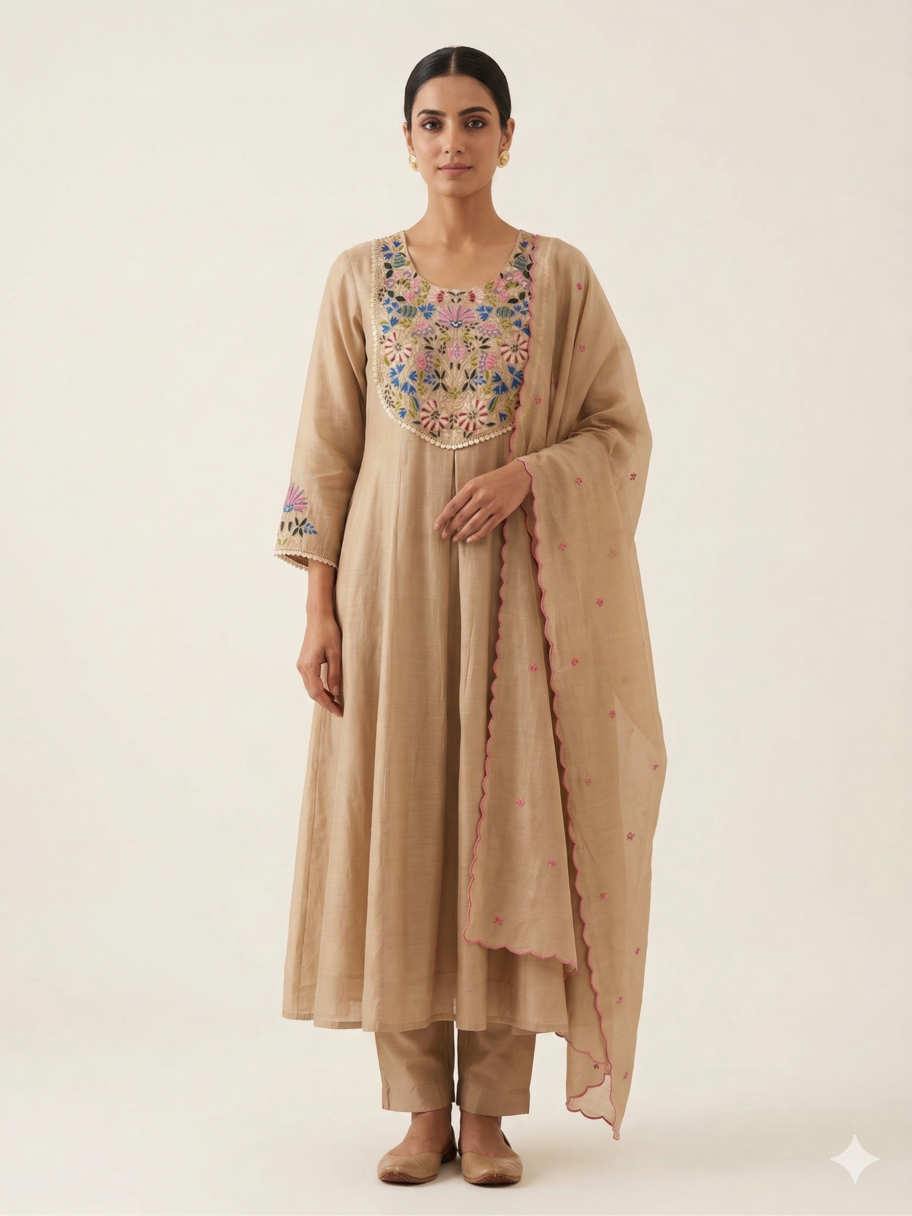 A1643 - Mul Chanderi Kurti, featuring Vibrant Embroidered yoke detailing, a flowy Dupatta & Pants.
