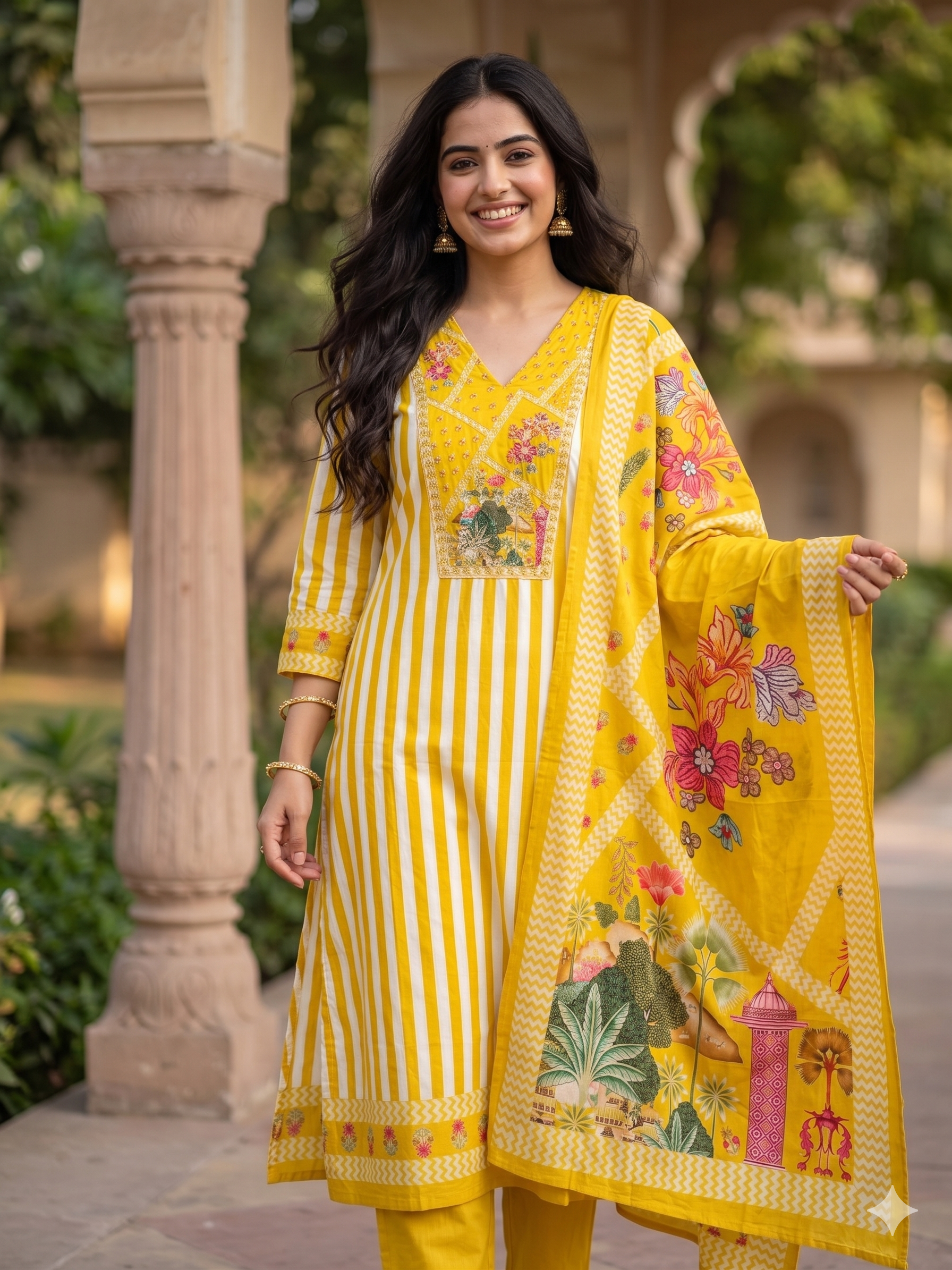A4048- Pure Cotton A-Line Suit with Yoke Detailing delicate Embroidery, paired with Pants & a Vibrant Digital Printed Dupatta.