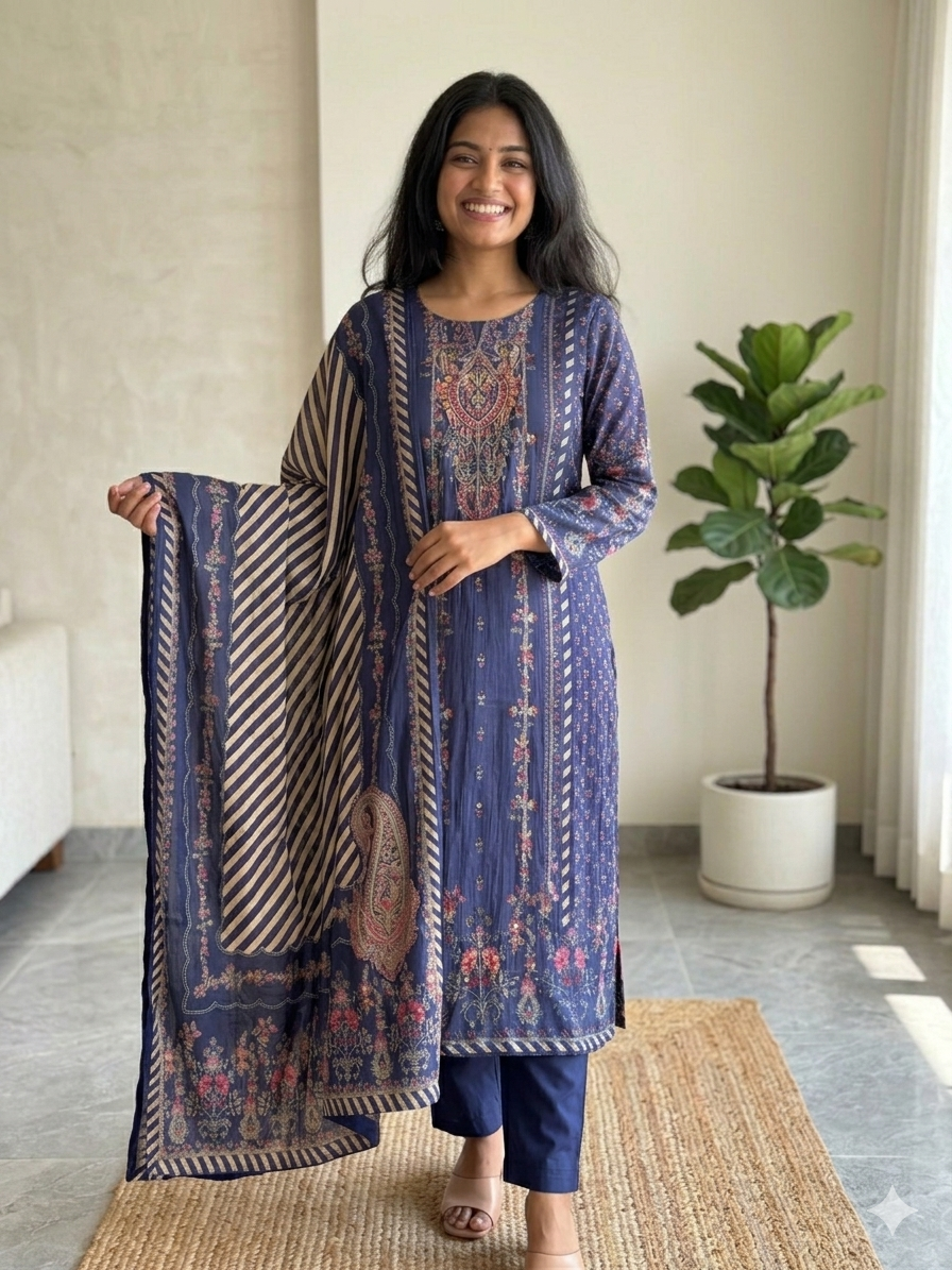 A4009- Muslin Fabric Suit Set with Minimal Work Pants & Dupatta.