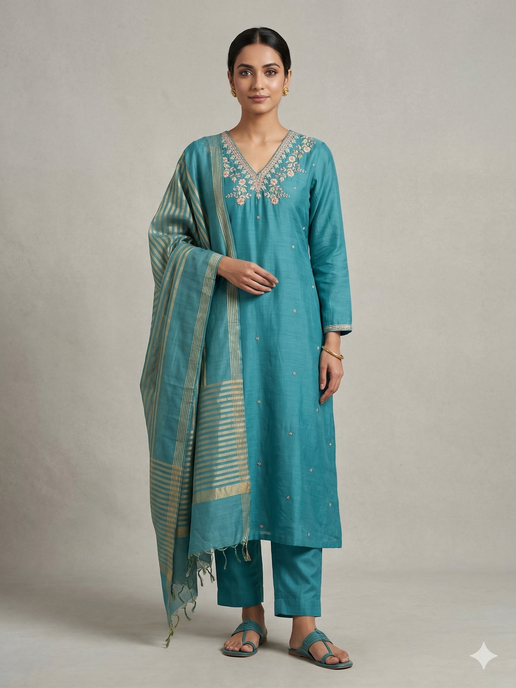 A1665 - Mul Chanderi Kurti with Handwork detailing, Striped Tissue Dupatta & Pants.