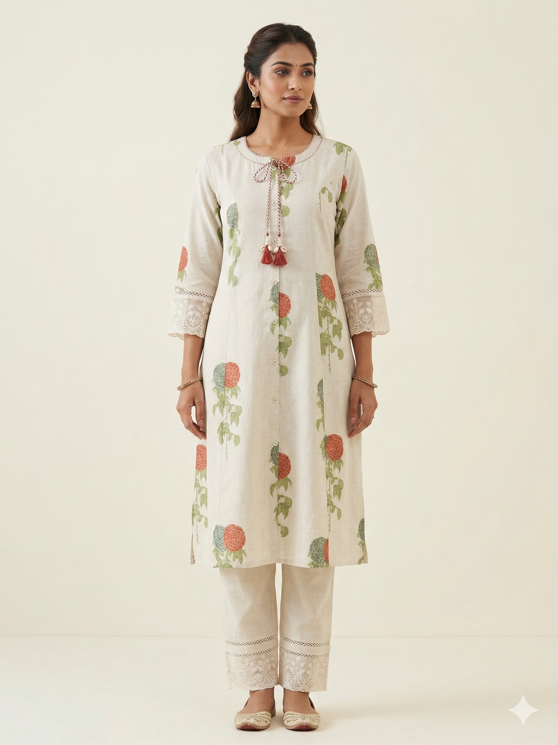 A4036 - Khadi Cotton Kurti & Pant set with lace detailed sleeves.