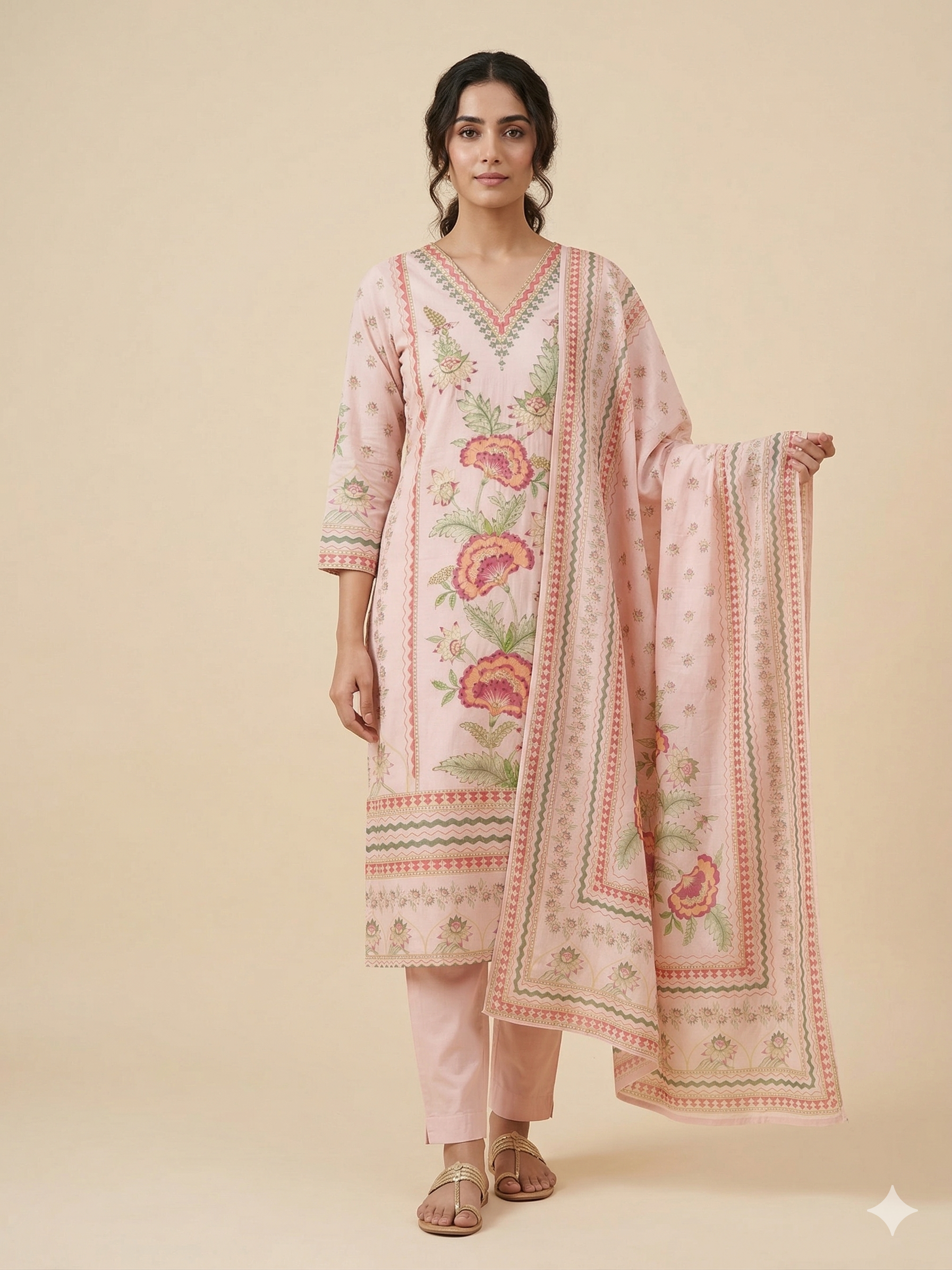 A3933 - Blush Pink Floral Cotton Silk Suit set.