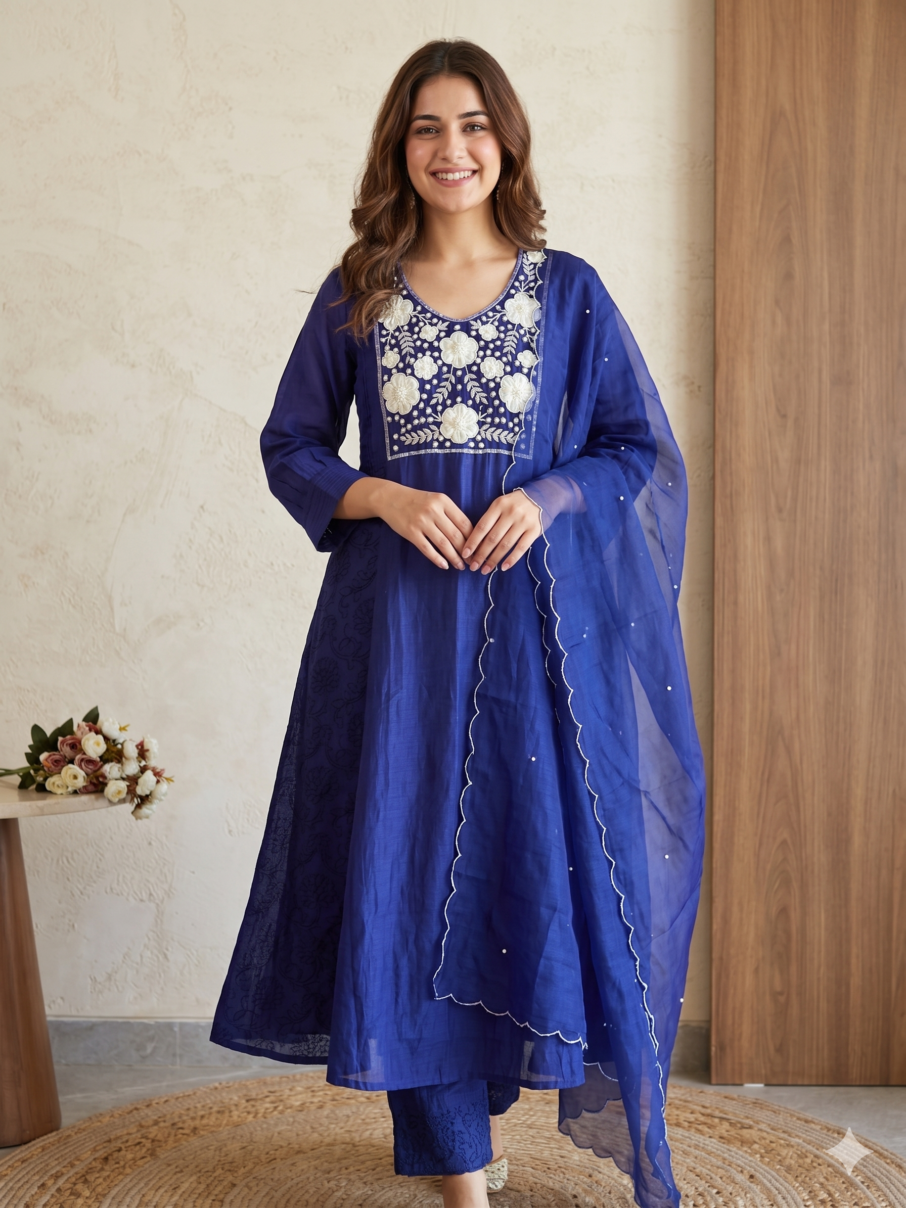 A2730- Mul Chanderi Suit with Heavily Embroidered Yoke, 3D Floral Applique & Pearl Detailing, with Designer Embroidered Pants & Organza Dupatta.