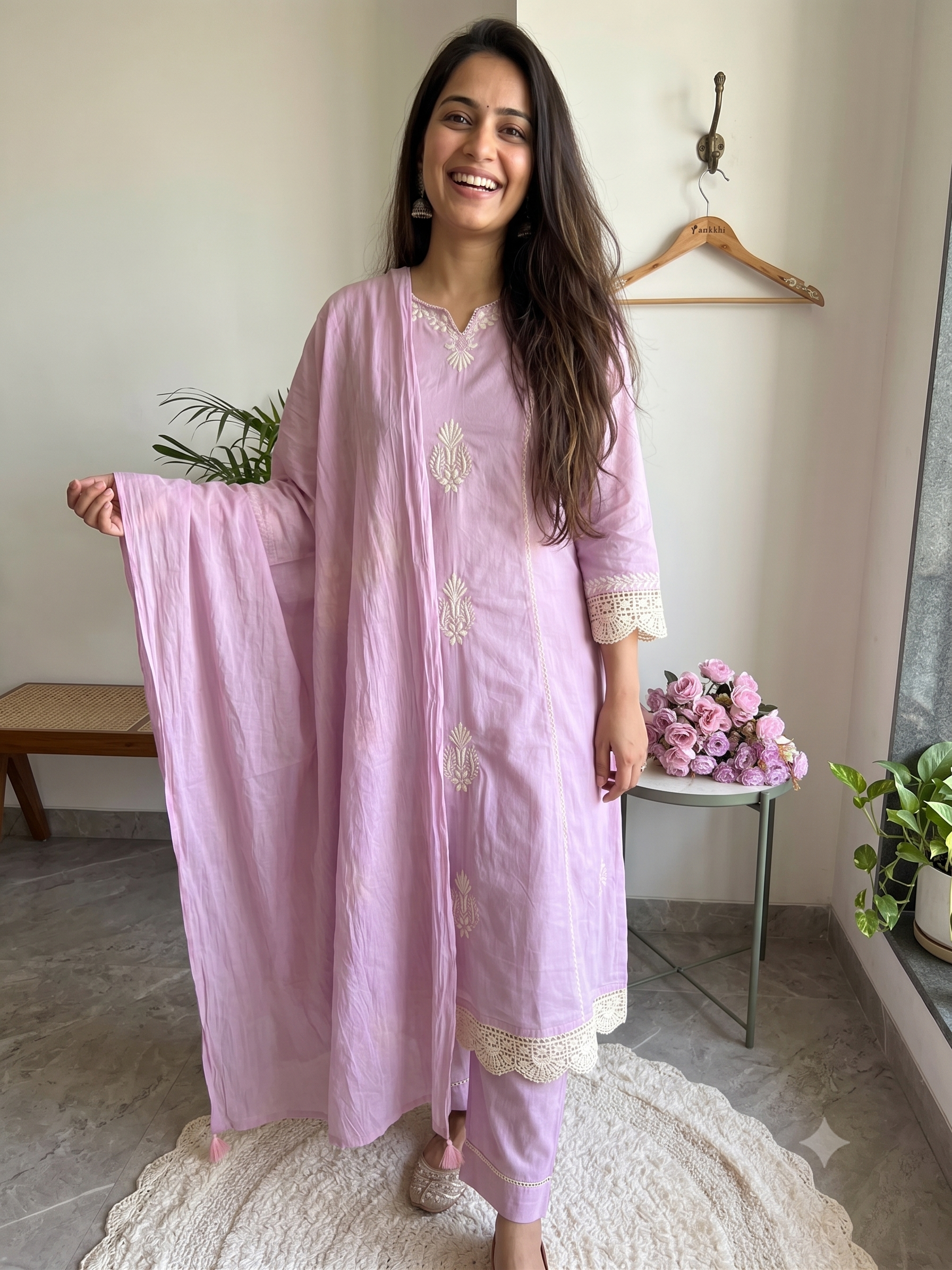 A3936- Mul Cotton Suit with delicate Embroidery & Cochet lace detailing paired with Pants & soft Dupatta.